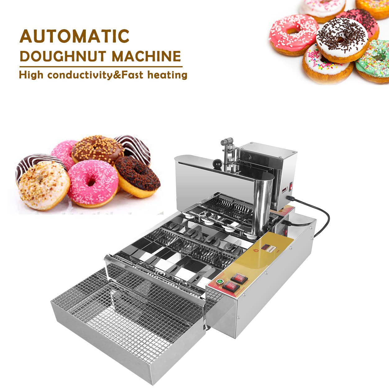 Máquina para Hacer donas Completamente automática, 2800 W, Comercial, 4 Filas, máquina automática para Hacer donas con tolva de 5,5 l, Espesor Ajustable, freidora automática de donas, Panel de