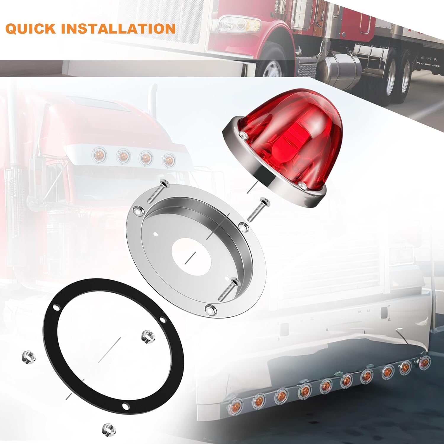 4 Pack Stainless Steel Watermelon Light Brackets, Round Marker Light Bezel Covers with Foam Gaskets, Universal Bunk Adapter Mounting Kit for Truck Trailer RV (Lights Not Included)