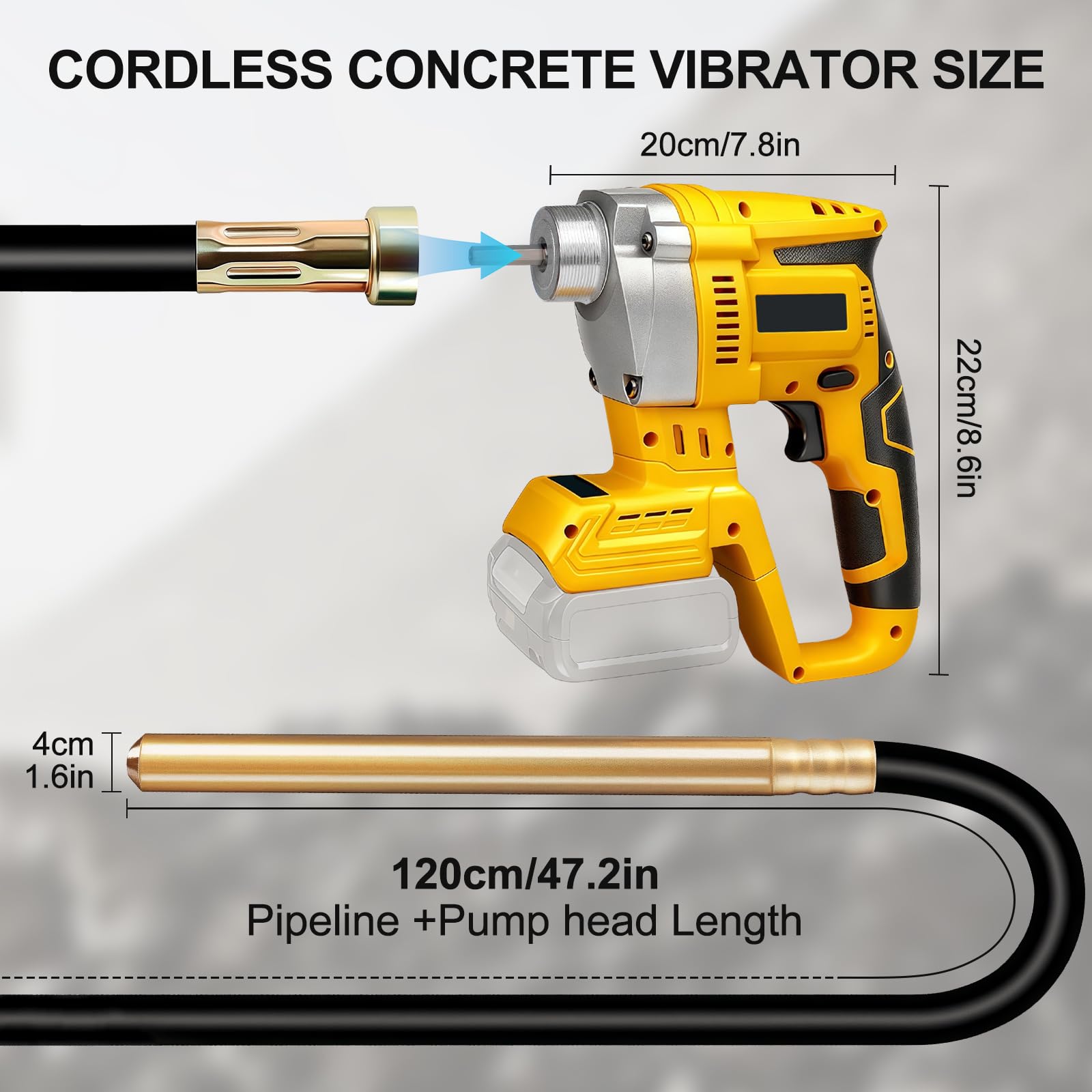 Vibratore per calcestruzzo senza fili compatibile con batteria Dewalt da 20 V (senza batteria), strumento vibrante elettrico senza spazzole da 600 W con asta flessibile da 1,2 m, per rimuovere