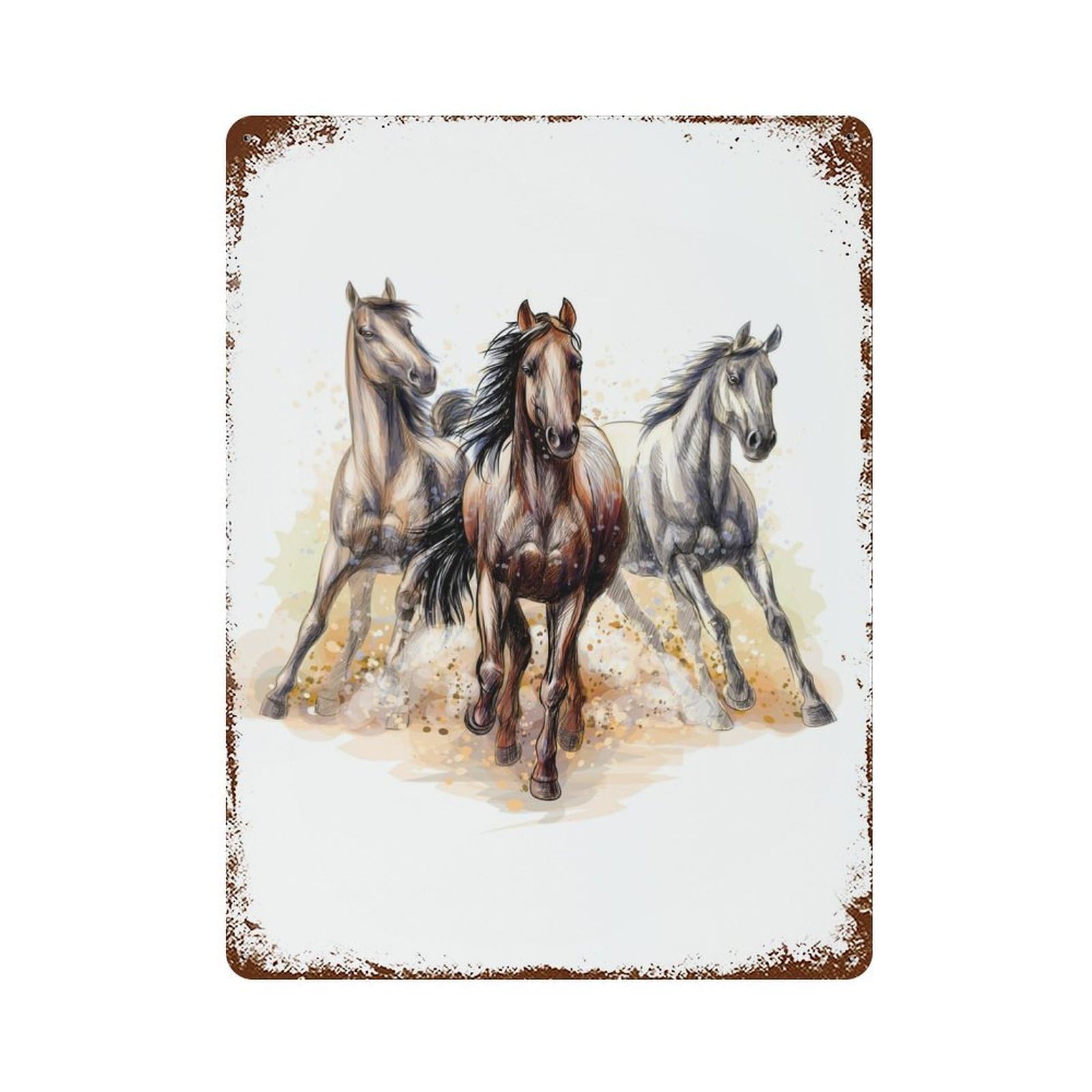 Running 3 Horses 15.7"x11.8" Vintage Rust Metal Sign, Shabby Chic Decor for Garage, Bar And Workshop Decor
