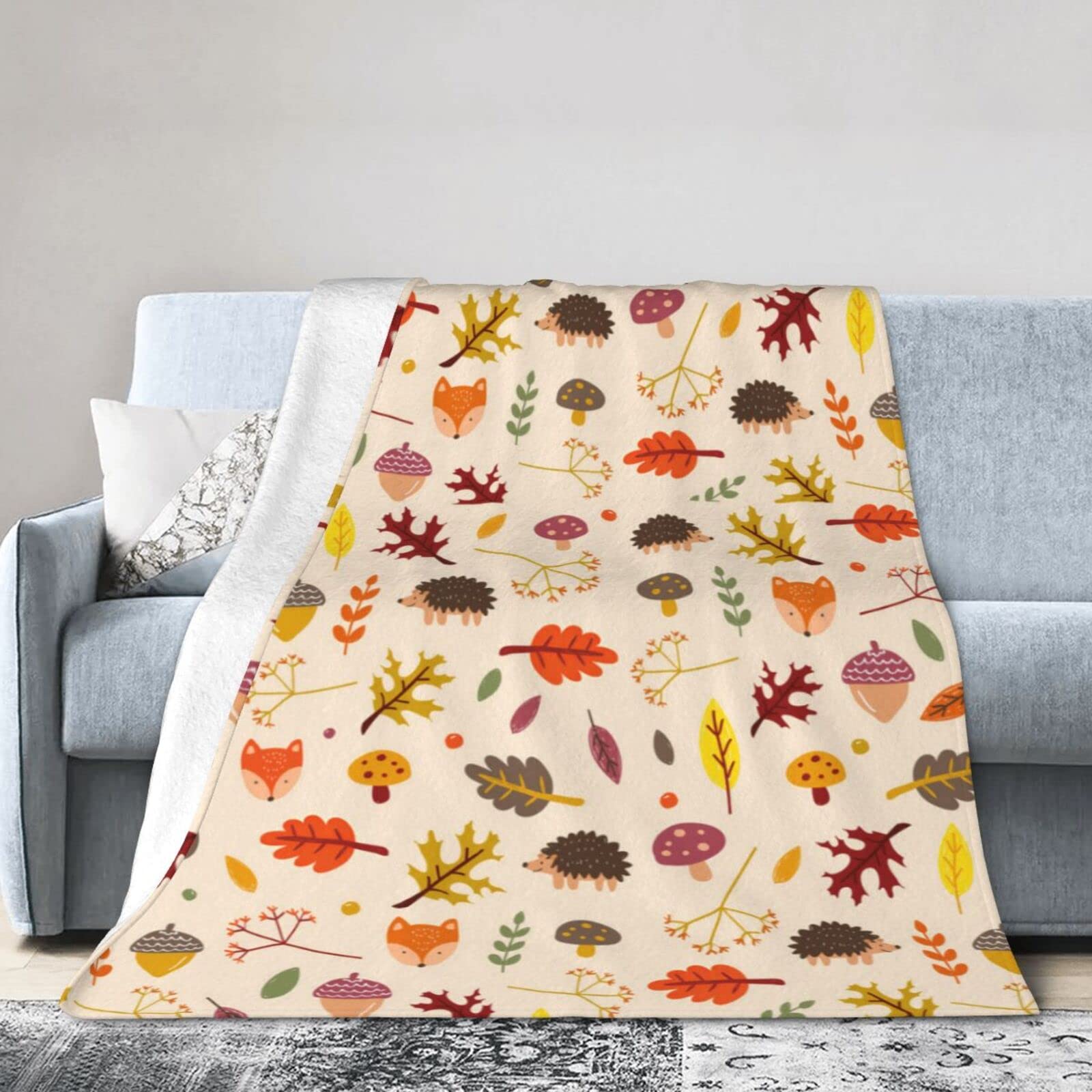 Fall Decor Blanket Ultra Soft Cozy Leaves Fox Hedgehog Mushroom Blankets Warm Fleece Plush Autumn Blanket for Kids Adults 50"X60"