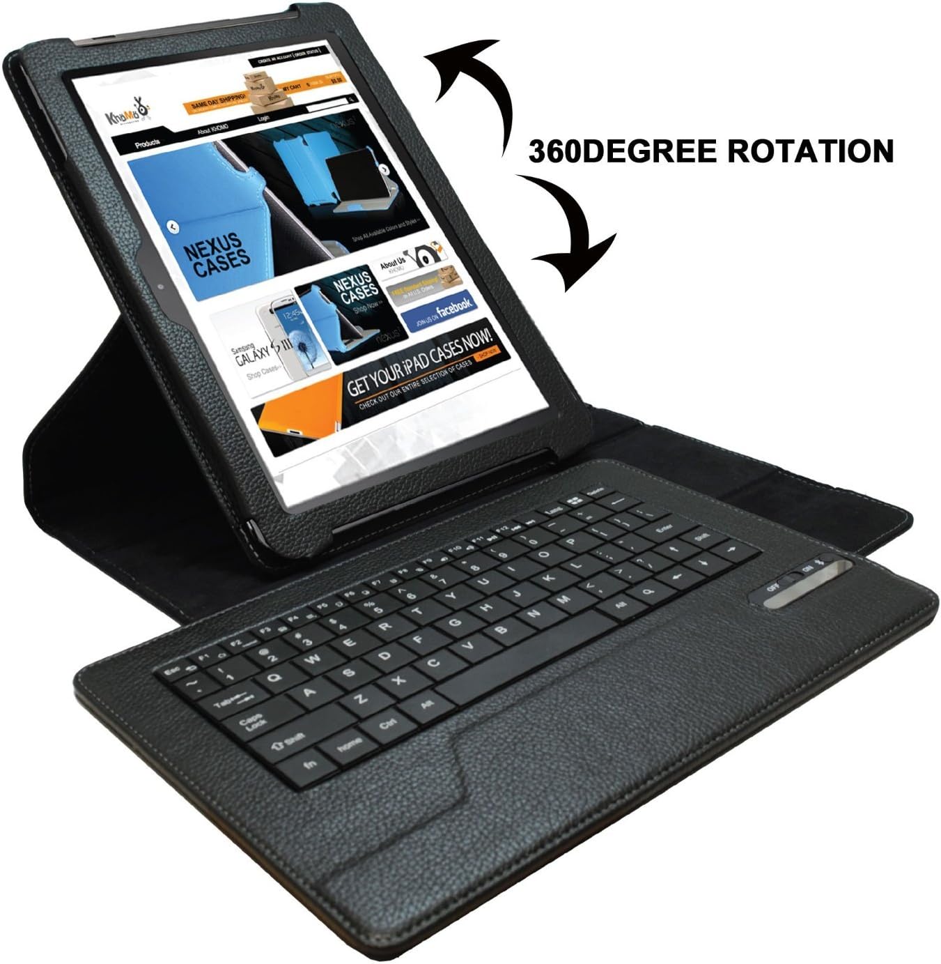 KHOMO Black PU Leather 360 Degree Rotating Bluetooth Keyboard Case Cover Stand for Google Nexus 10 Tablet (with Automatic Sleep/Wake Function)