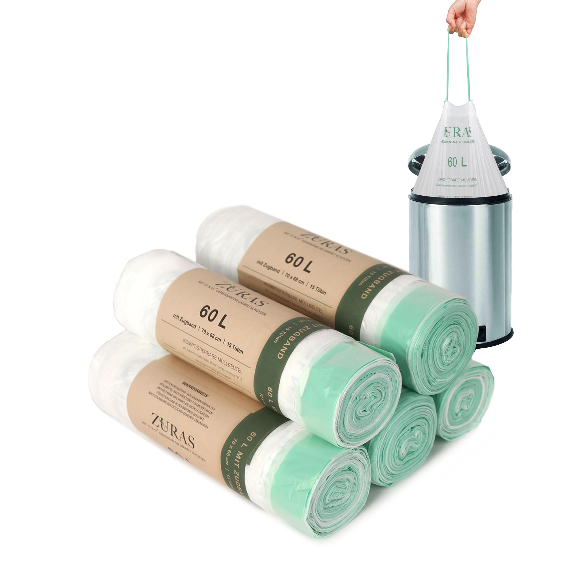 ZURAS® 60 litre organic bin liners with drawstring 75 compostable, biodegradable bin liners, DIN EN 13432 certified and tested, tear-resistant and waterproof