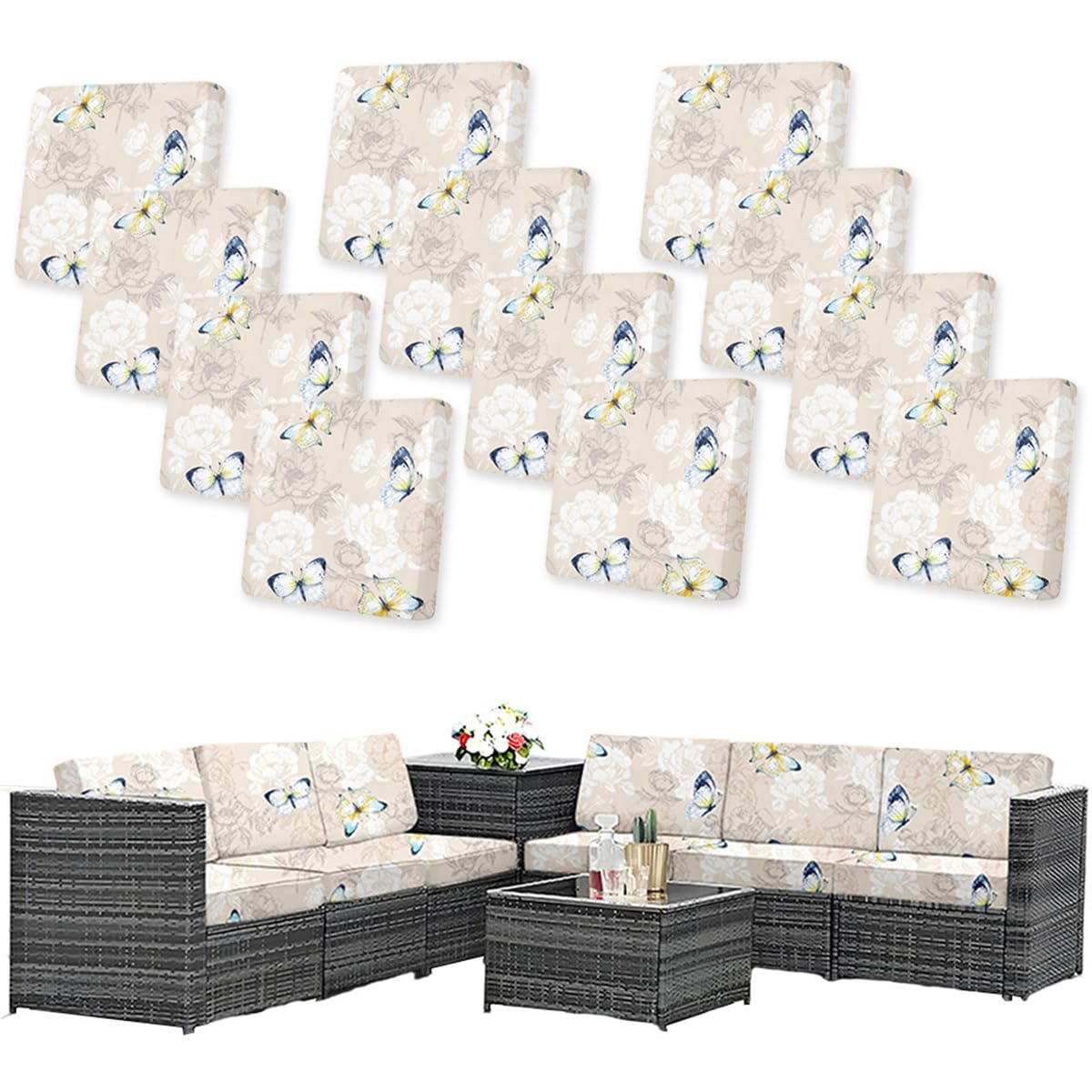 Hiseng Outdoor Patio Cushion Covers Replacement for Garden Furniture Patio Chair Pad Sofa Seat Cushion, Elegant Floral Print Soft Stretch Washable Sofa Slicover (Butterfly,12PCS)