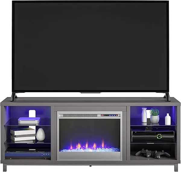 Ameriwood Home Lumina Fireplace TV Stand for TVs up to 70 Inch, Replaceable Electric Fireplace Insert Heater, Remote Control, Timer, Color Changing LED Lights, Crystal Ember Flames, Graphite Gray