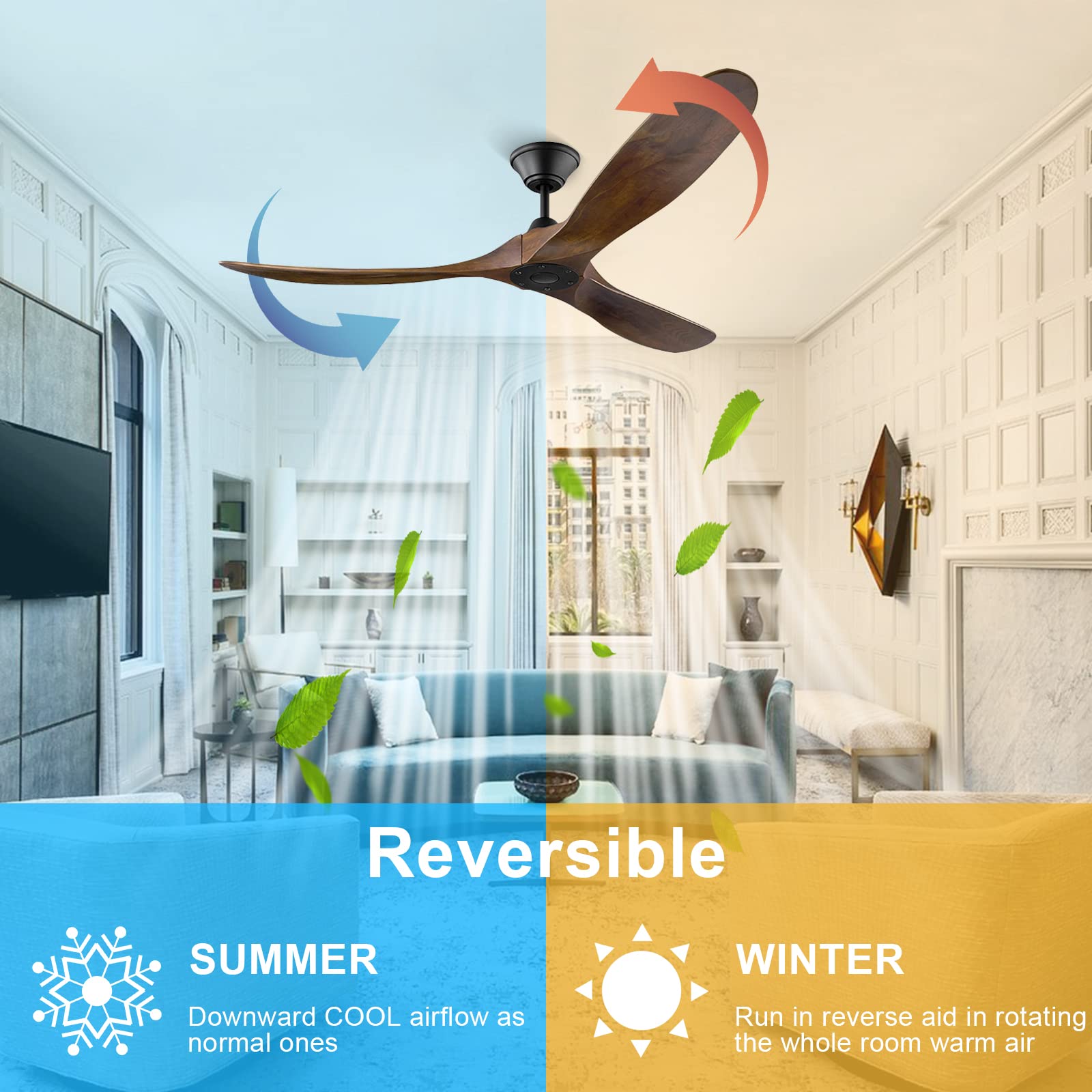 Ventilador de techo de madera sin luz/Función verano-invierno/Temporizador 1/4/8h / 6 velocidades/Ventilador de techo de bajo consumo para interiores y exteriores, Ø152 cm (60 pulgadas)