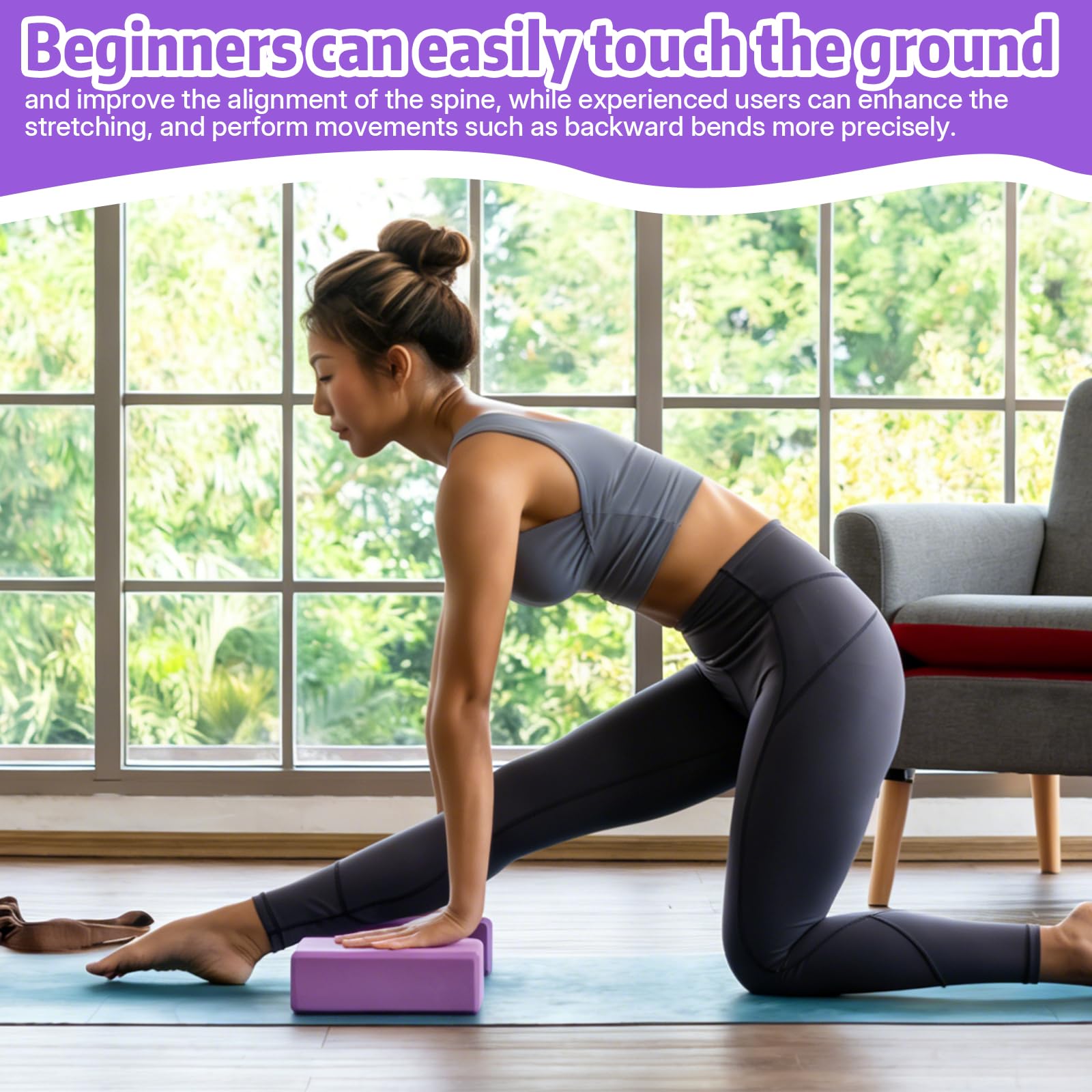 Lot de 2 Brique Yoga Avec Bandes de Fitness, Bloc Yoga Violets EVA | de haute densité bloc de mousse pour pilates étirement méditation accessoires de fitness