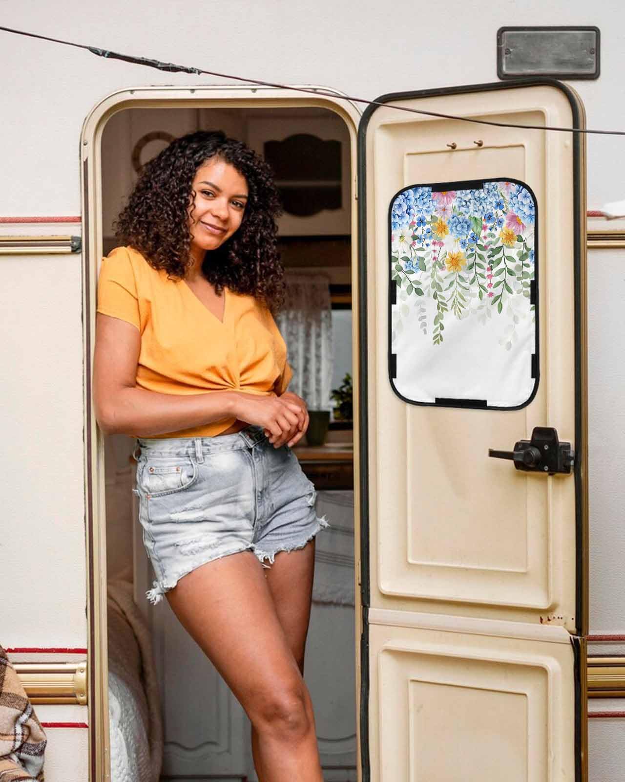 LEOKOTI RV Door Window Shade, Blue Spring Floral Blackout RV Window Shades Foldable, Green Summer Botanical Watercolor Flower Privacy Insulation Car Covers 16