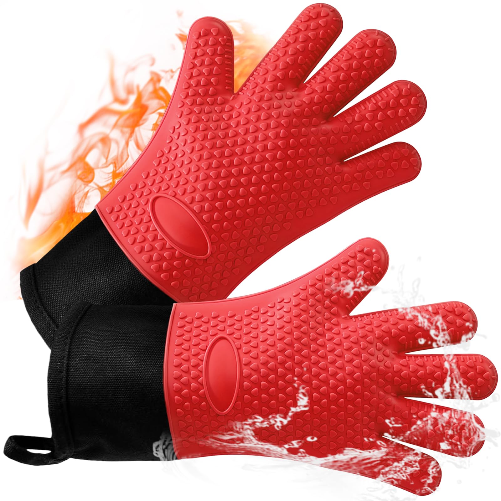 AMFUN 1 Pair Silicone Oven Gloves Heat Resistant 464°F, Extra Long Non-Slip Oven Mitts,Silicone BBQ Gloves with Fingers, Waterproof Kitchen Gloves for Barbecue Grilling Weber Pizza Microwave-Red