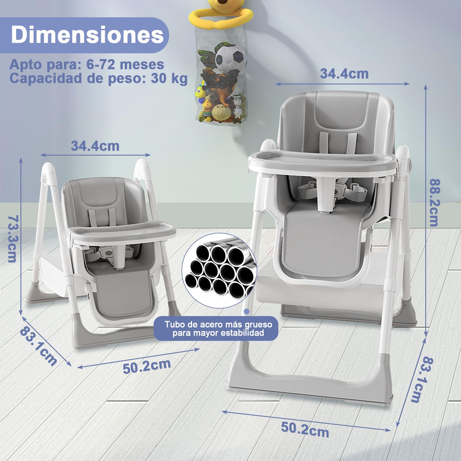 Trona Bebé Evolutiva, Trona para Bebe Ajustable y Reclinable, Plegable con Tabla de Comedor, De 6 a 36 meses, Gris