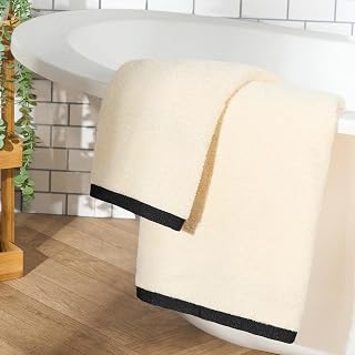 Hand Towels for Bathroom, Ultra Soft 100% Cotton Highly Absorbent Quick-Dry Hotel Spa Quality Cream with Black Trim Bath Towels 2 Pack for Daily Use, 50x80cm