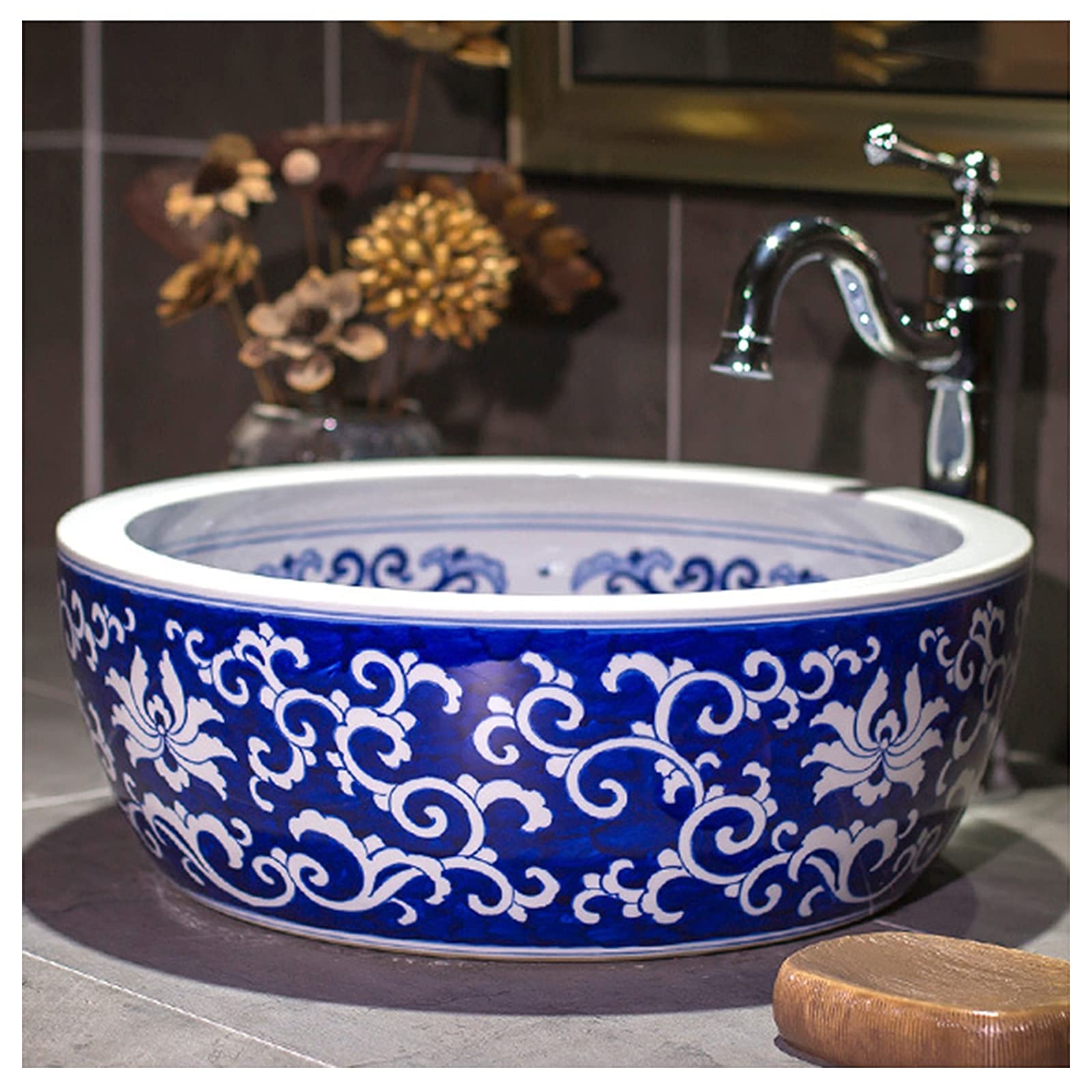 Gljtuo Blue Bathrooms Ceramic Basin, Hand Painted Round Vessel Sink Modern Above Counter Bathroom Vanity Bowl, For Bath Remodel, 41X41x15cm