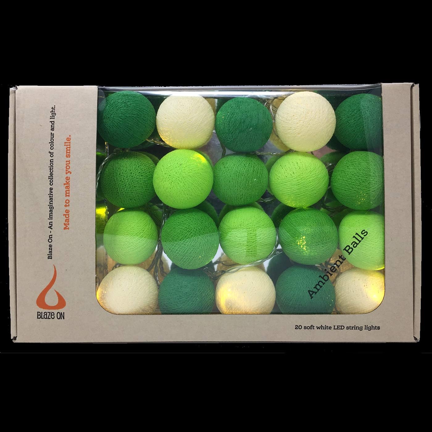 Blaze On Ambient Ball Fairy Lights (Green Tones), 20 Warm White LED Lights, Hand-Spun Cotton Balls - Image 3