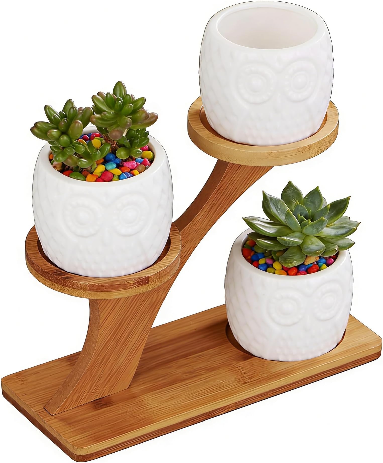 FLOWERPLUS Planter Pots Indoor, 3 Pack 3 Inch White Ceramic Decorative Small Owl Succulent Cactus Flower Plant Pot with Tree Tier Bamboo Stand for Garden Kitchen Home Office Desk Decorations