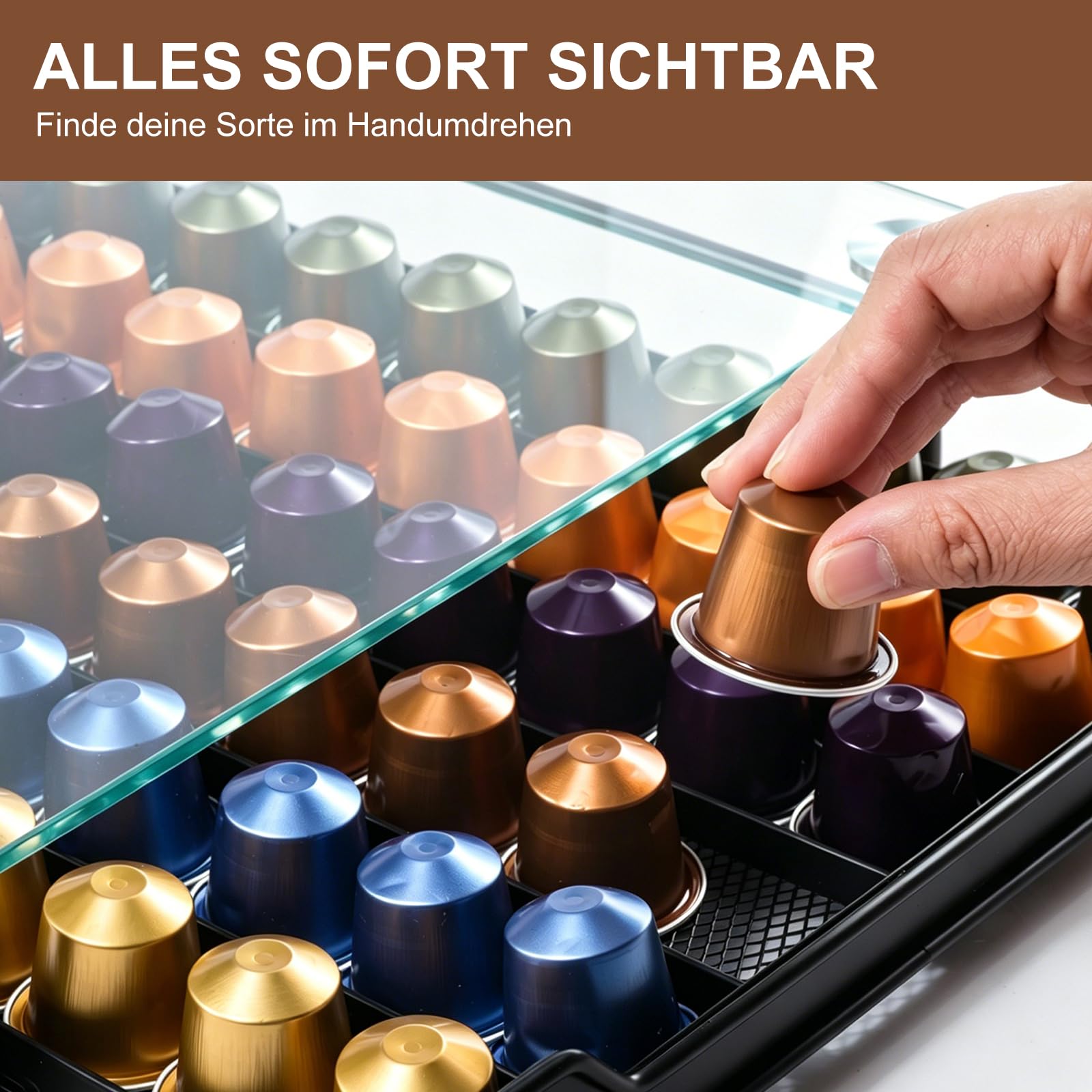 Zvonema Support de capsules Nespresso transparent pour 60 capsules de café, rangement en verre et métal, design extensible, robuste