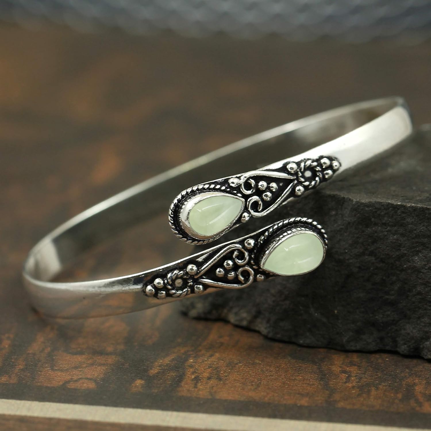 Pear Shape Natural Gemstones Bangle for Women - 925 Sterling Silver Plated Handmade Cuff Bracelet - Birthstone Adjustable Open Bangle Jewelry - Gift for Wedding Anniversaries Valentine's Day Christmas - Image 6