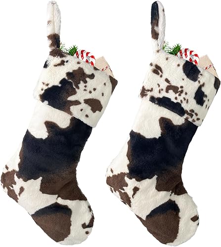 Miniatura 12 de Medias de Navidad de Felpa Personalizadas de Vaca Juego de 2 Grandes de 20" de Piel Bordada Medias de Navidad Personalizar Nombre Estilo Granja