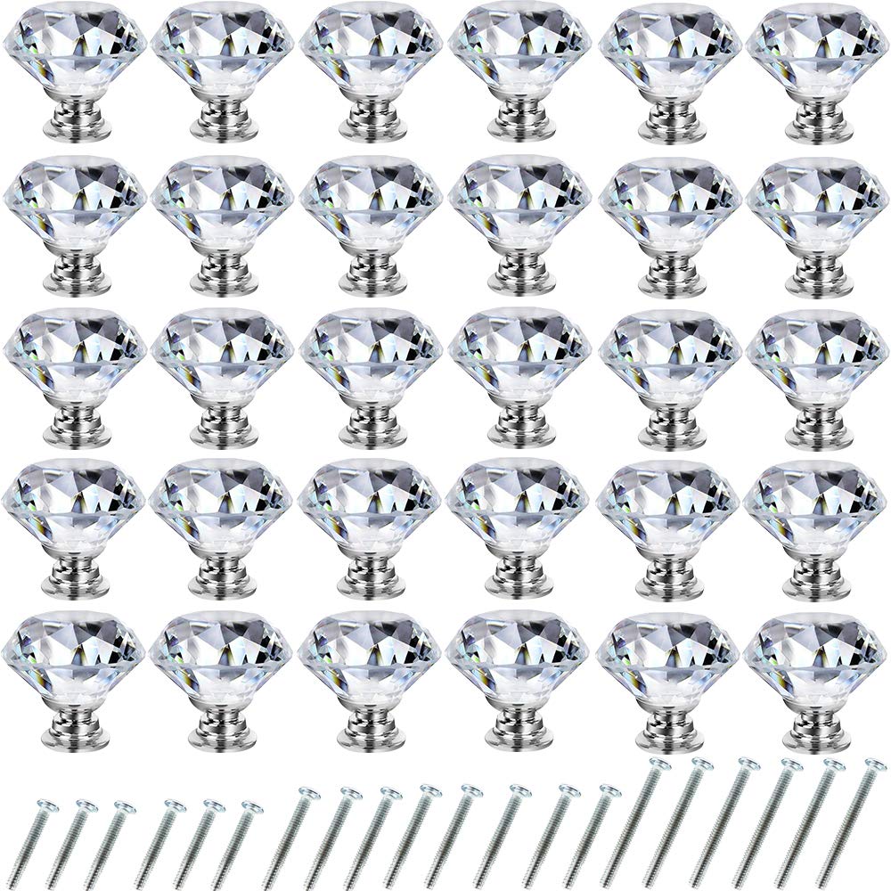 Boutons de tiroir en verre diamant 30mm argentés pour placard de cuisine - Lot de 30