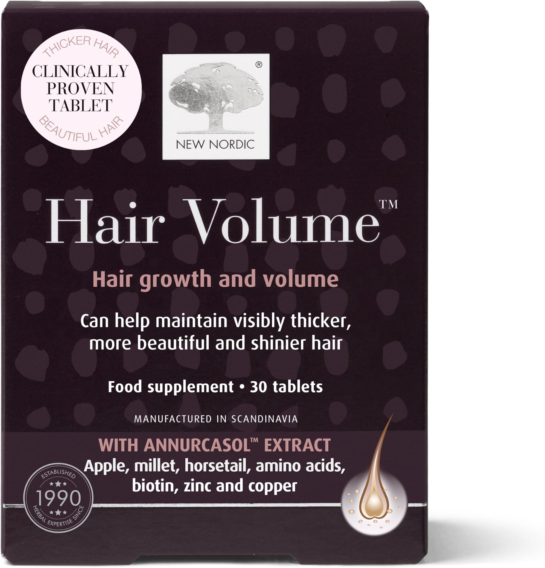 New Nordic Hair Volume Tablets Biotin & Zinc Apple Extract Hair Growth 30ct