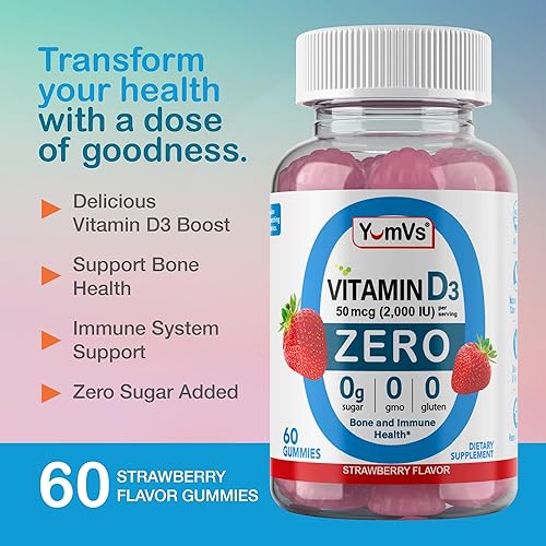 Miniatura 3 de YUM-V'S YumVs - Gomitas de vitamina D Zero  Suplemento D3 apto para dieta cetogénica, sin azúcar, para niños y adultos, 50 mcg  2000 UI de vitamina