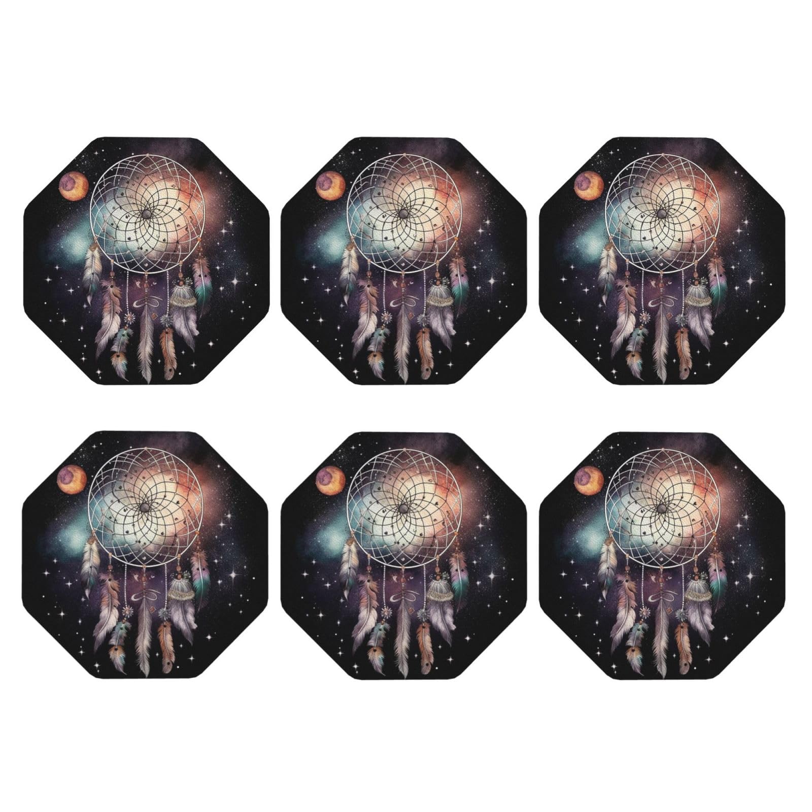 6pcs Leather Coasters for Drinks, Dream Catcher and Stars Drink Coasters for Tabletop Protection, 4" Cup Coasters for Coffee Table Decor, Non-Slip Drinking Cup Mat for Hot Or Cold Drink