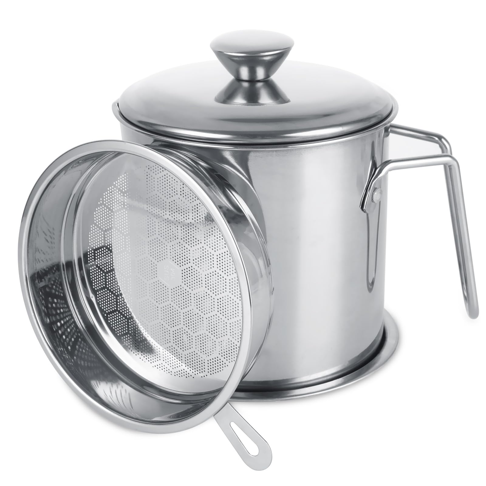ABuff Bacon Grease Container With Strainer 63oz/1.8L Stainless Steel Oil Storage Container with Fine Mesh Dust-Proof Lid & Non-slip Tray, Oil Filter Storage Can for Storing Frying Oil, Cooking Fat