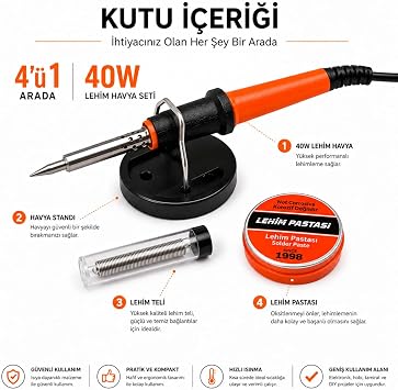 KINETEX 40W Lehim Havya Seti 4'ü 1 Arada, Elektronik Lehimleme Havyası, Lehim Teli, Lehim Pastası ve Havya Standı, Devre Kartı, Kablo Tamiri, Elektronik, Hobi ve DIY Projeleri İçin