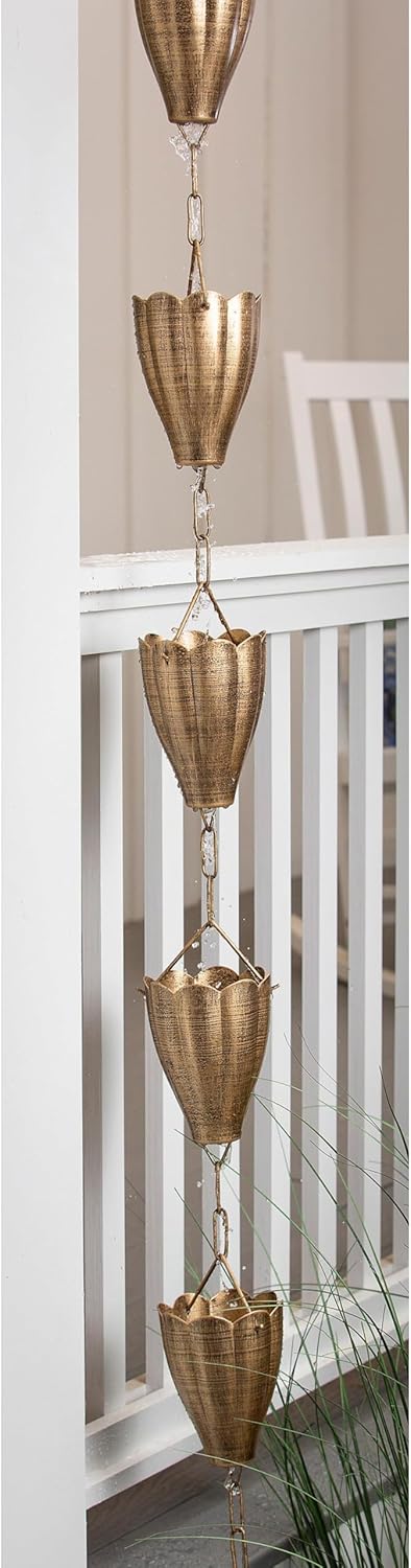 Evergreen Garden Bronze Finish Metal Tulip Rain Chains for Gutters | 8 Ft. Rain Catcher Chain Replacement Downspout | Decorative Rain Chains for Outside Garden Balcony Porch