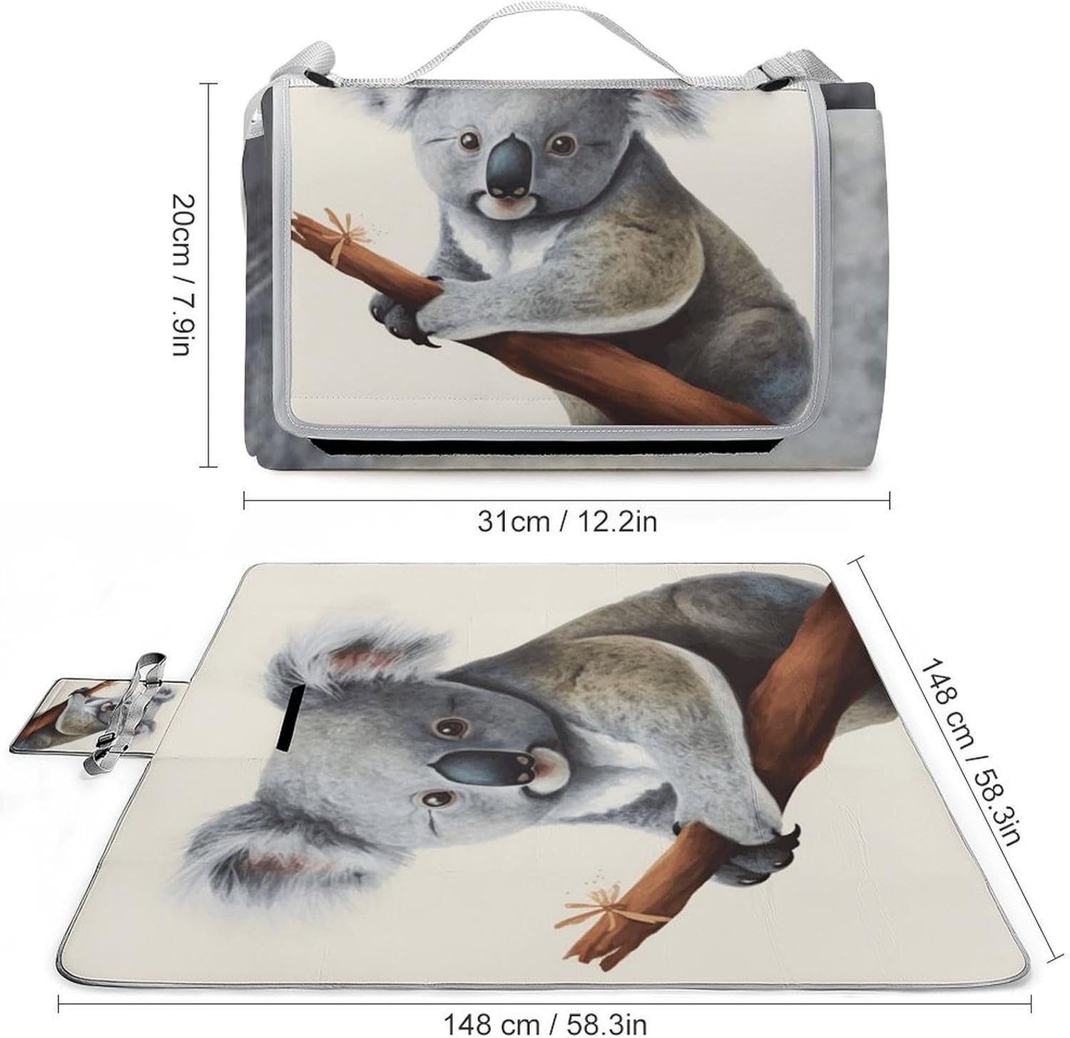 Outdoor Picnic Blanket,Koala and Butterfly Print Picnic Blankets,Large Beach Blanket Sand Free Foldable Portable Camping Blanket, 58.3x58.3