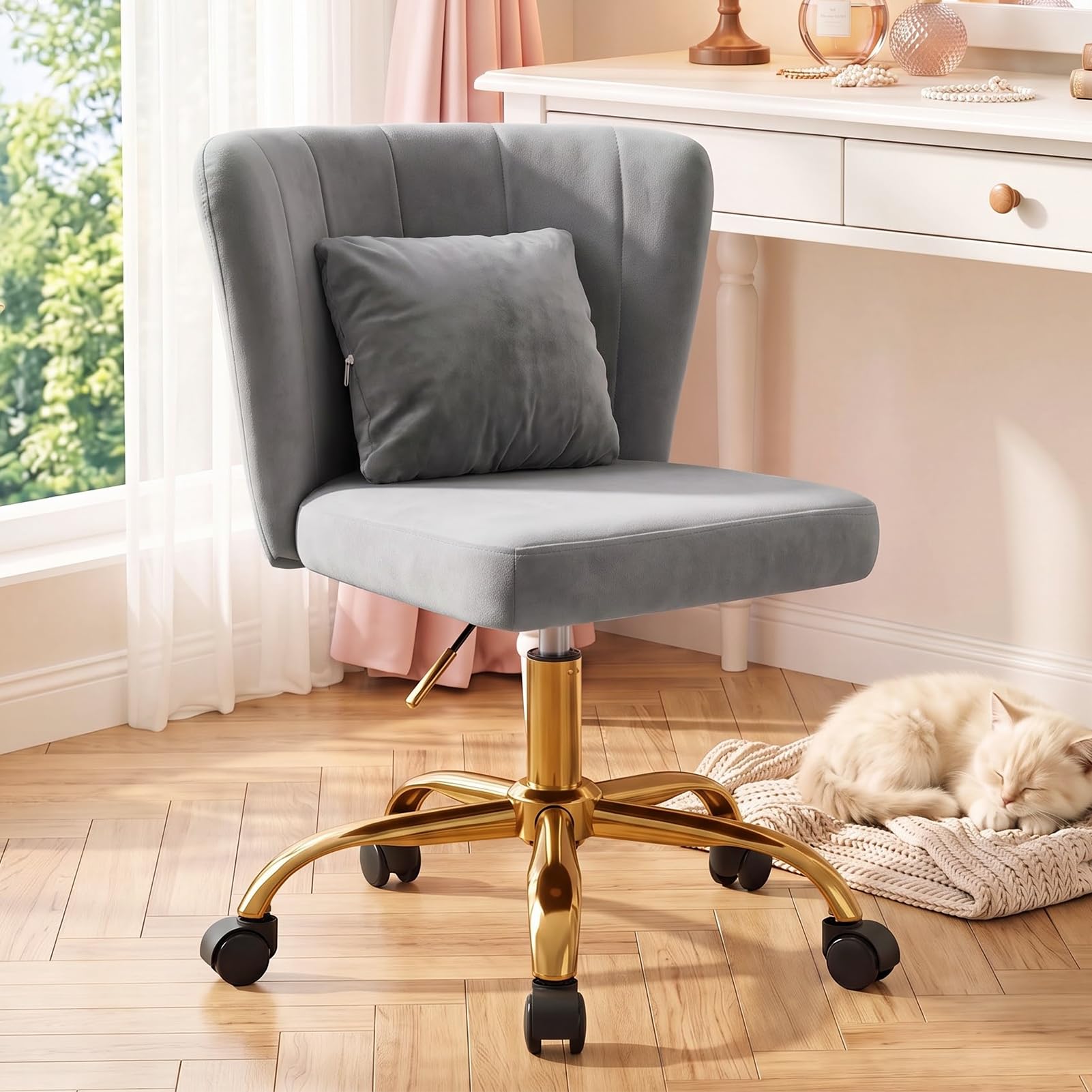 Warmiehomy Dressing Table Chair, Grey Vanity Chair, Height Adjustable