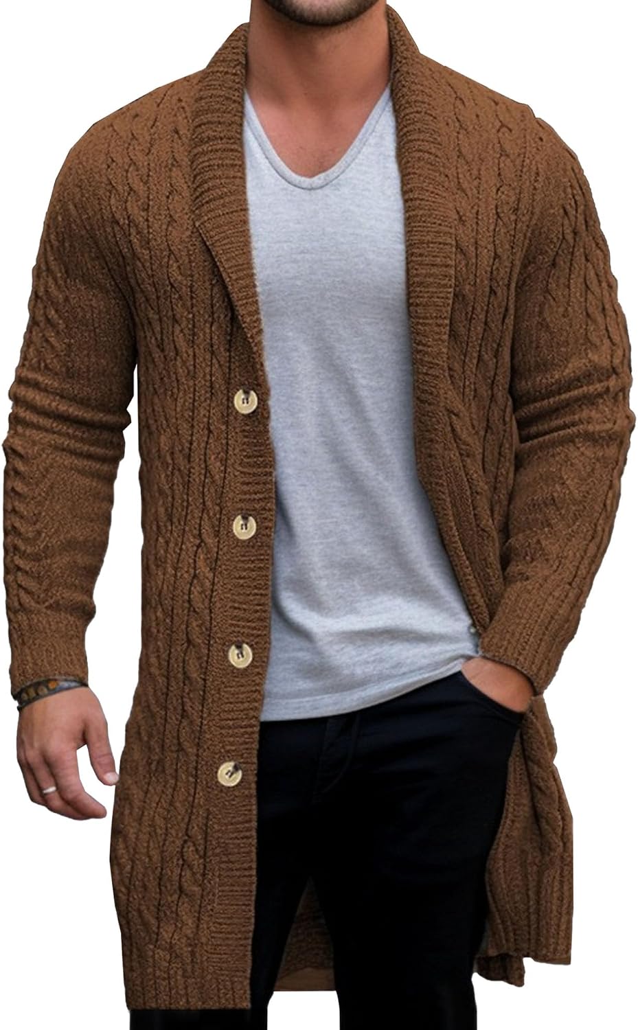 Men's Button Down Cable Long Sweater Cardigan Long Sleeve Shawl Collar Sweater Loose Fit Knit Winter Sweaters
