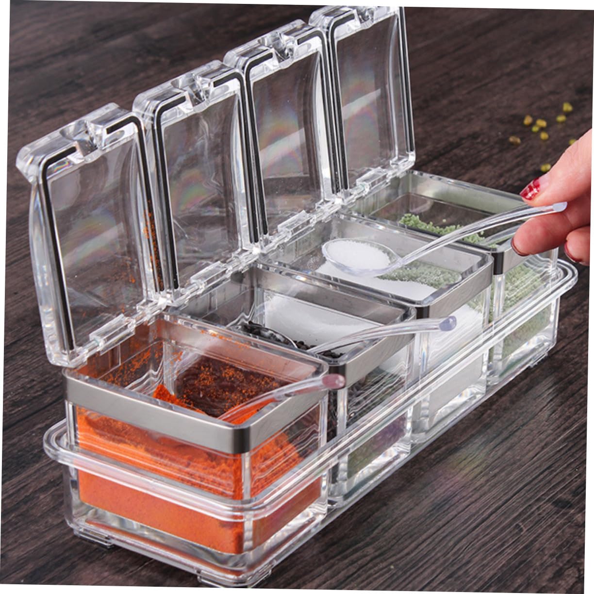 VICASKY Acryl Gewürzbox mit Edelstahl Deckeln und Tablett Durchsichtige Gewürzbehälter für Gewürze und Salz Langlebig Hauswarming Geschenk