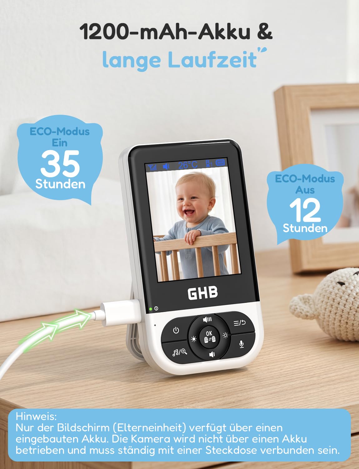 GHB Babyphone mit Kamera Baby Monitor 2,8 Zoll mit Nachtsicht VOX Schlaflieder Gegensprechfunktion Temperatursensor Max. 4 Kameras Unterstützt Schwarz
