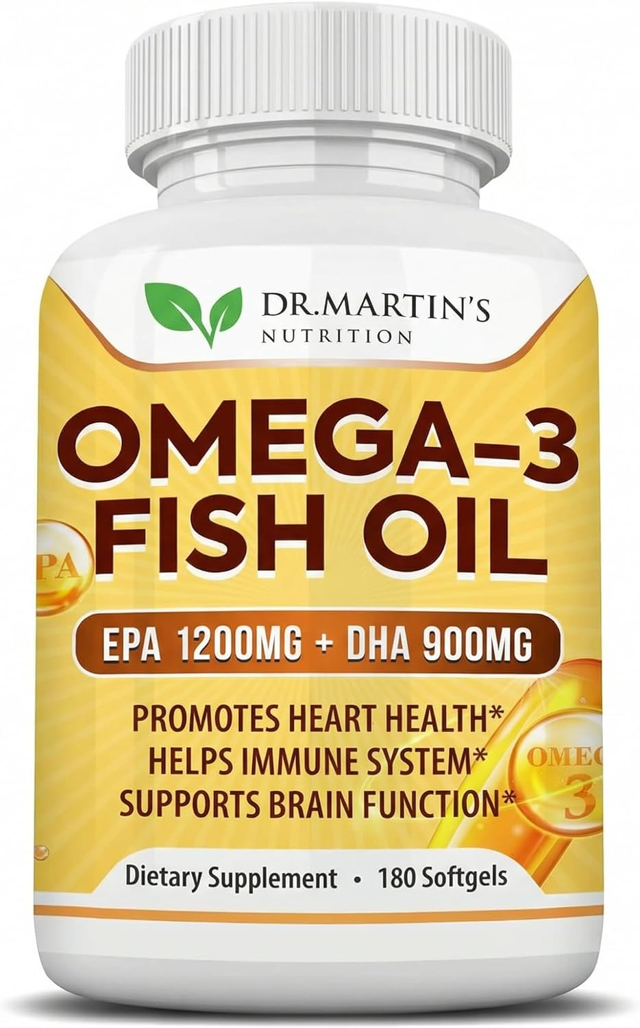 Omega 3 Fish Oil 3750mg Triple Strength | EPA 1200mg + DHA 900mg Fatty Acids | Fish Oil Omega 3 Supplement | Promotes Healthy Heart, Immune System, Eyes, Skin & Brain Function | 180 Burpless Softgels