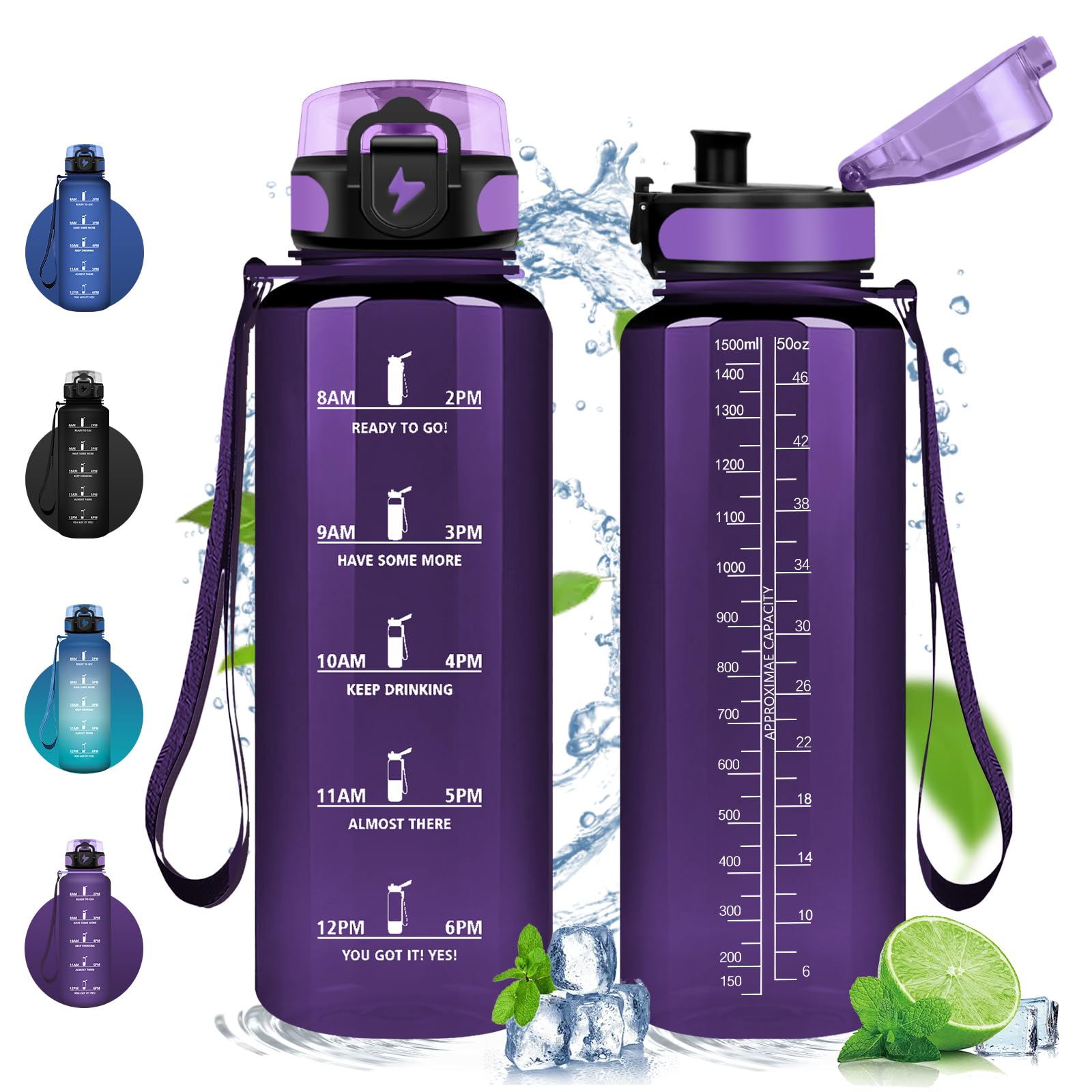 Vikastar Trinkflasche Sport, 500ml/1000ml/1500ml Auslaufsicher Kunststoff, Wasserflasche, Trinkflasche Kohlensäure Geeignet, Sportflasche für Fahrrad, Kinder, Schule, Fitness, Yoga, Blue Purple