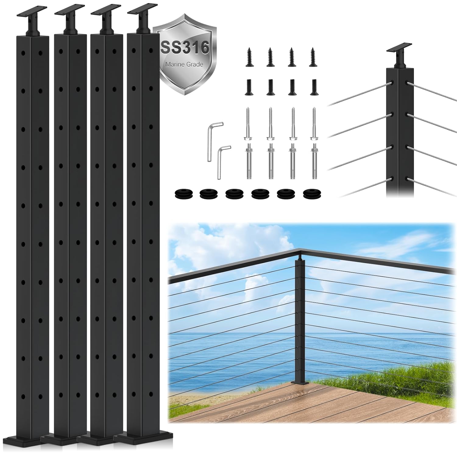 4Pack SS316 Cable Railing Corner Post 36" (Post 35"x2"x2") for Coastal Lake, 90° Drilled Railing Post with Cable Grommets, Adjustable Top Stainless Steel Black Finish L-drilled Staircase Post 36" Corner Post-4P 1