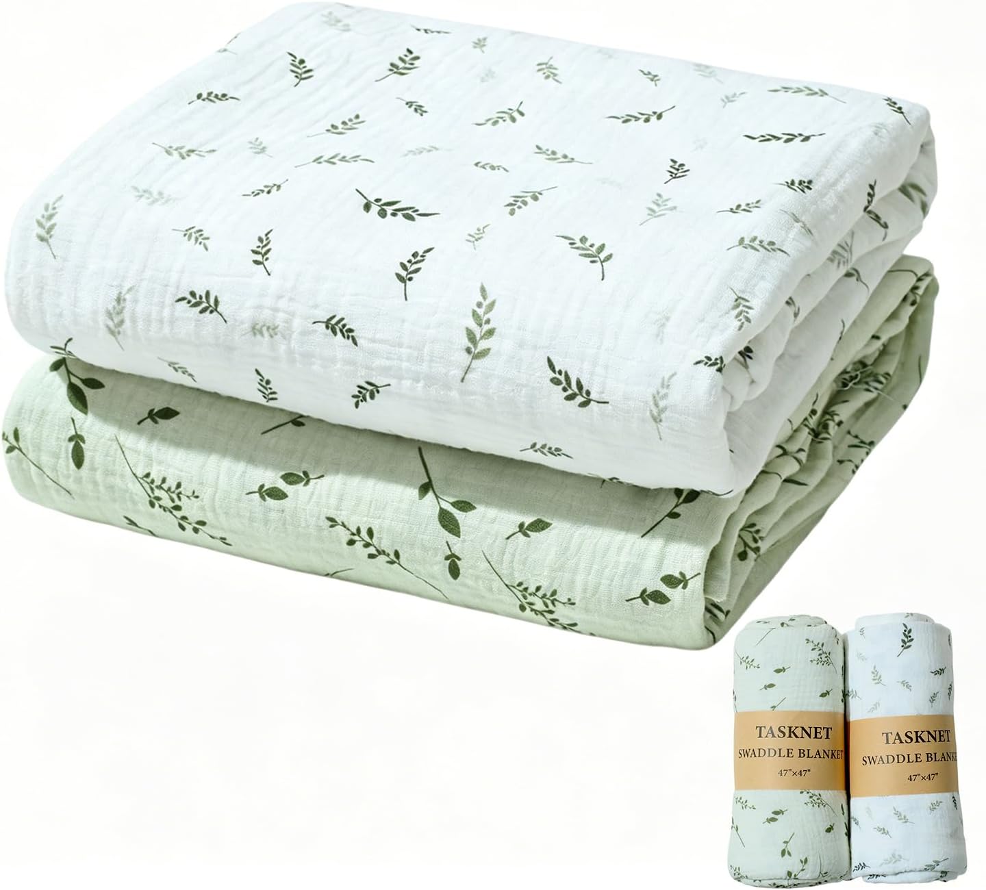 2 Pack Muslin Swaddle Blankets for Baby Boys Girls,100% Cotton Large 47"x47" Newborn Receiving Blanket, Soft Breathable Skin-Friendly Swaddle Wrap, Green Leaf Baby Swaddling Blanket for Infant