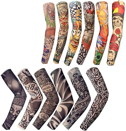 12 fundas temporales para tatuajes para hombres y mujeres, sin costuras, protector solar para brazo, piercings falsos, diseños de tigre, corazón de