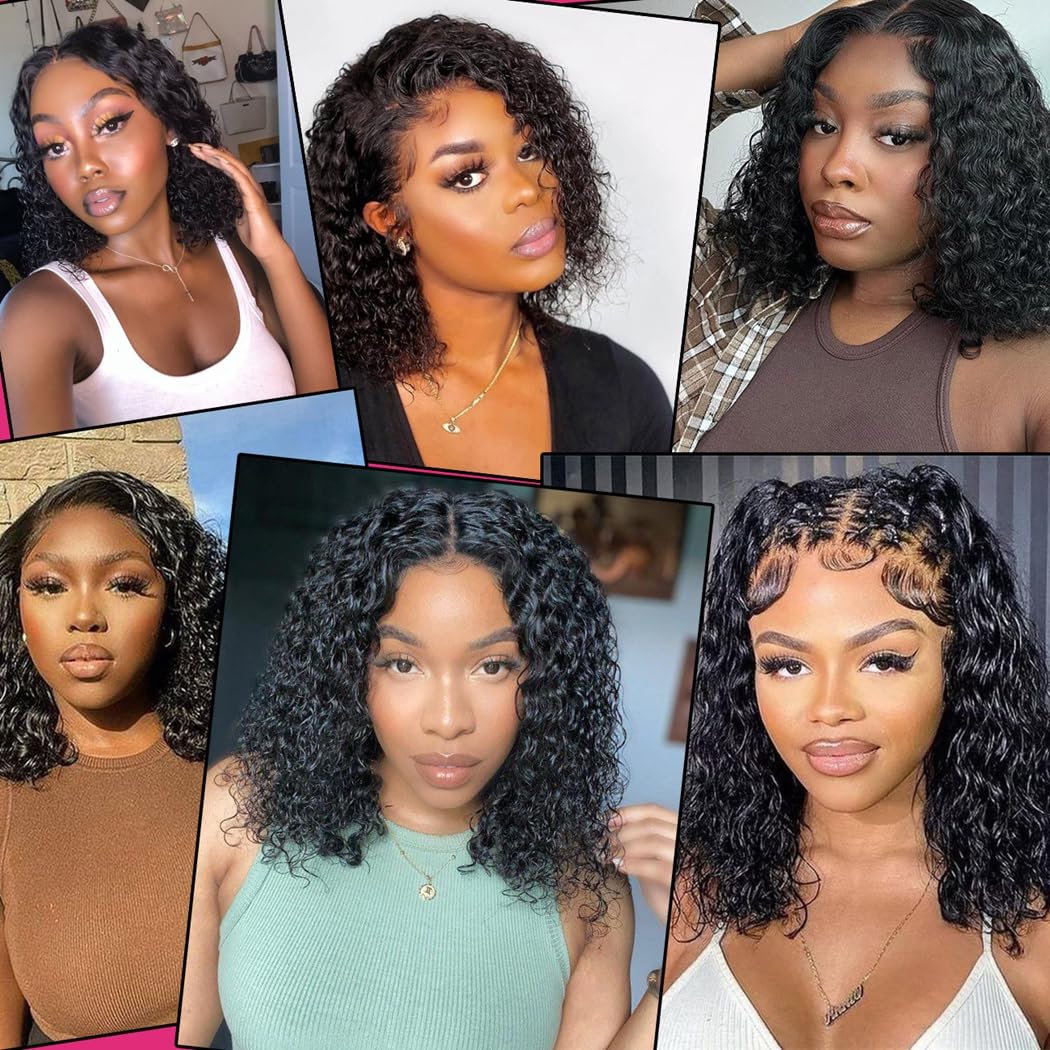 Odir Water Wave Bundles with 13x4 Frontal Curly Human Hair 10 10 10+10 Inch Unprocessed Wet and Wavy Brazilian Virgin Hair 3 Bundles with Lace Frontal 50g/bundle Natural Color