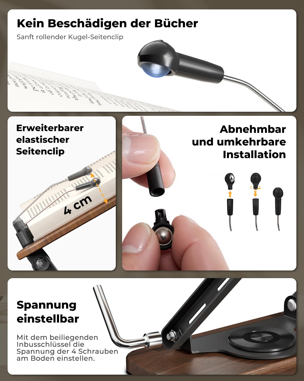 SupeDesk Buchständer zum Lesen, Buchhalter mit 360° drehbarer hölzerner Basis & Stiftschlitz, verstellbarer Holz-Buchhalter Leseständer mit elastischem Kugel-Seitenclip für Zeitschrift,Tablet,Laptop