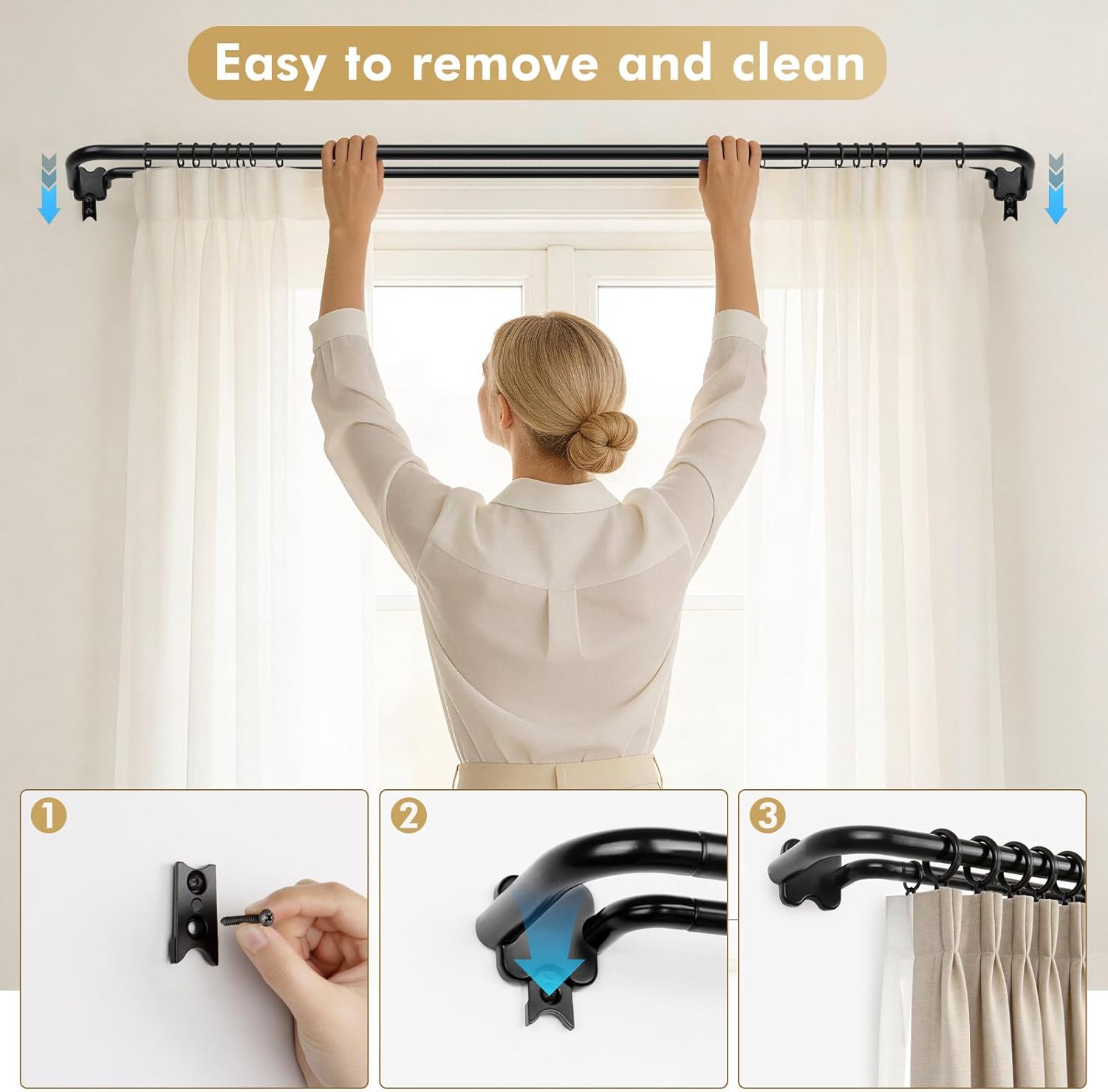 Black Wrap Around Double Curtain Rods Set, USFOOK Blackout Dual Curtain Rods for Windows 66 to 120 Inch, 6/8 Inch Room Darkening Curtain Rod 32 to 115 Inch, Decorative Drapery Rods for Home