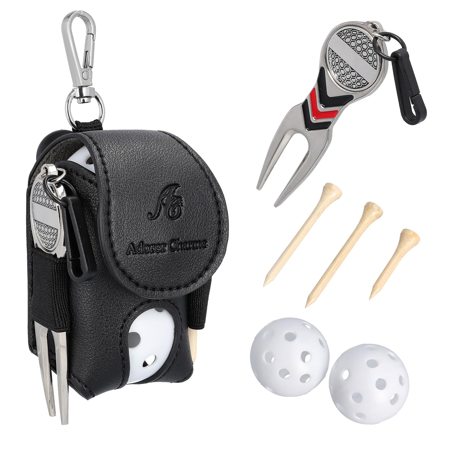 Adorer Charme Golf Ball Holder Pouch, Divot Repair Tool, 3 Tees, 2 Golfballs, Accessories for Men & Women, Kids, Gift