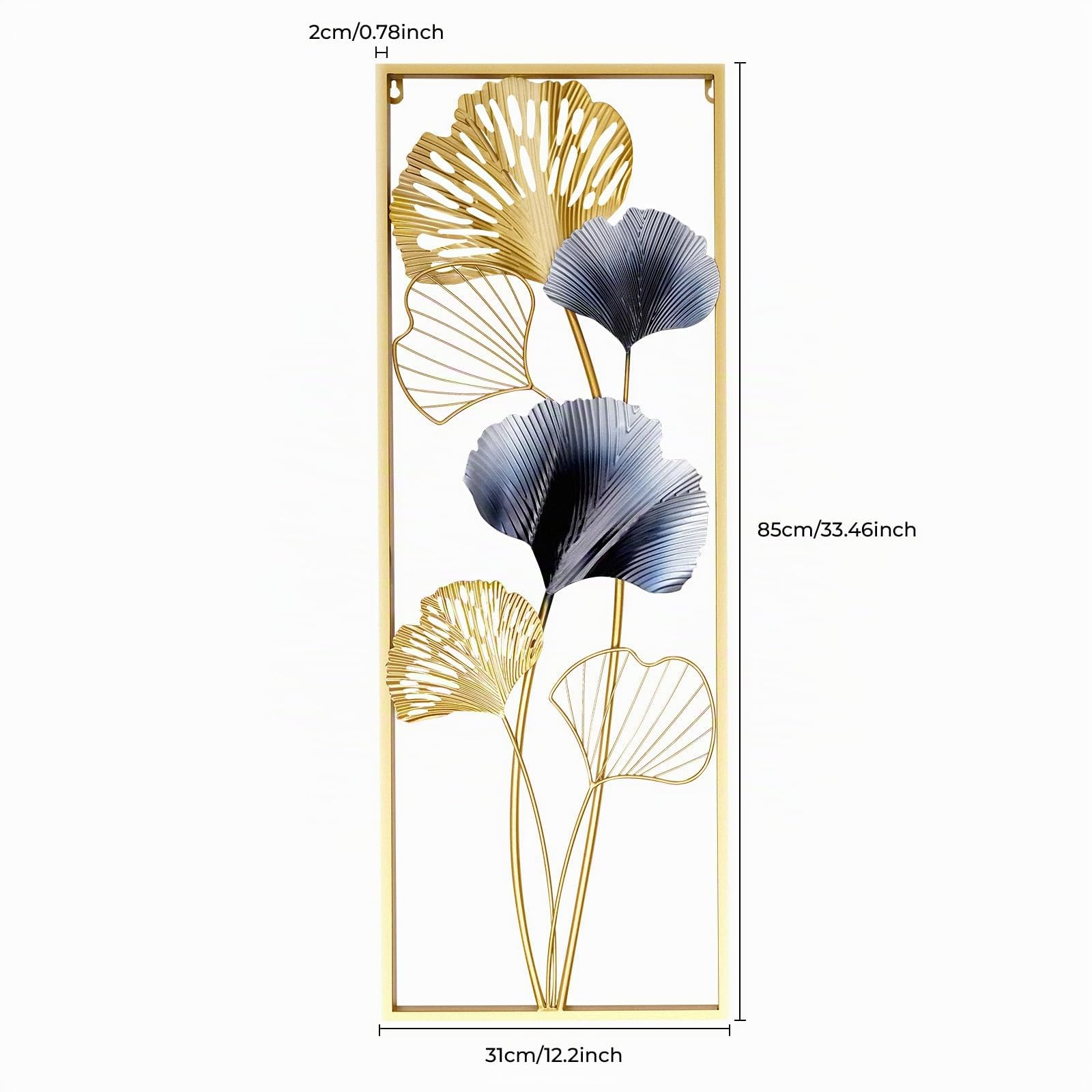 HazLope Set da 2 decorazioni da parete in metallo con foglie di ginkgo, quadro da parete con foglie di ginkgo, scultura da parete, ornamento da parete, appendiparete con cornice lunga e foglia di