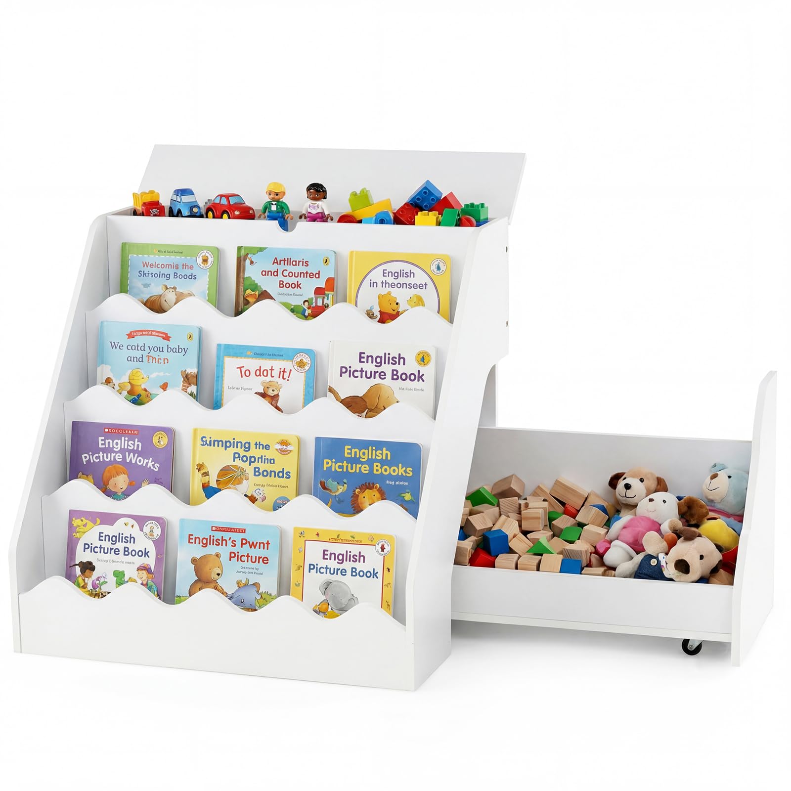 COSTWAY Librería Infantil de 4 Niveles, Organizador de Juguetes con Estantes Abiertos, Cajón Rodante Extraíble, Caja con Tapa Abatible, Estantería Madera para Niños Sala de Juegos Guardería (Blanco)