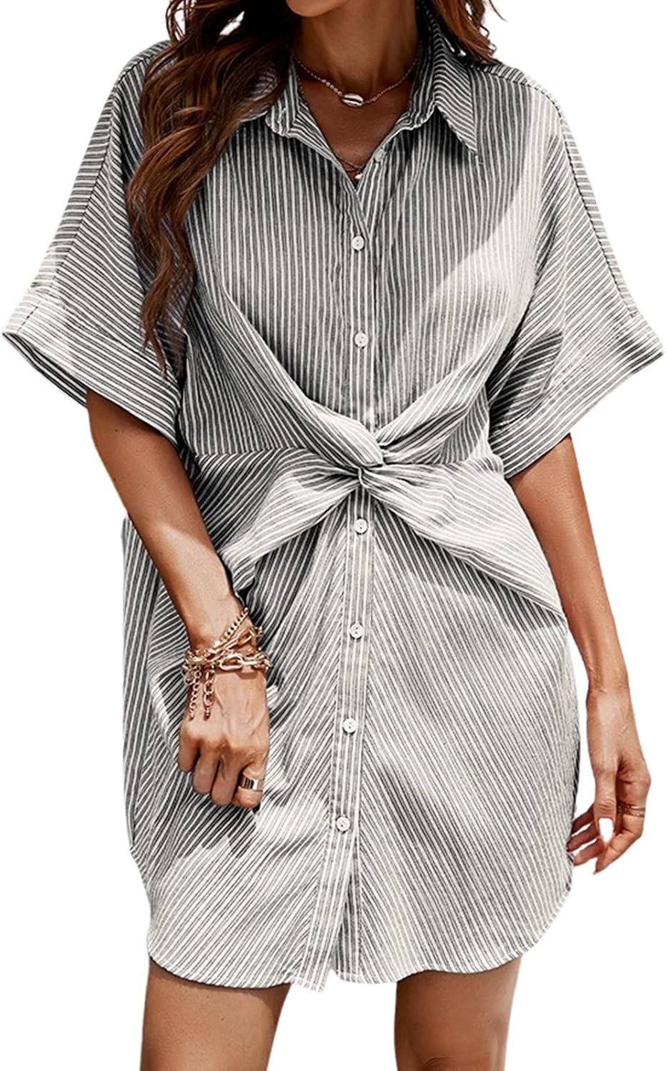 CUPSHE Shirt Dress for Women Button Down Stripe Short Sleeves Short Underneath Casual