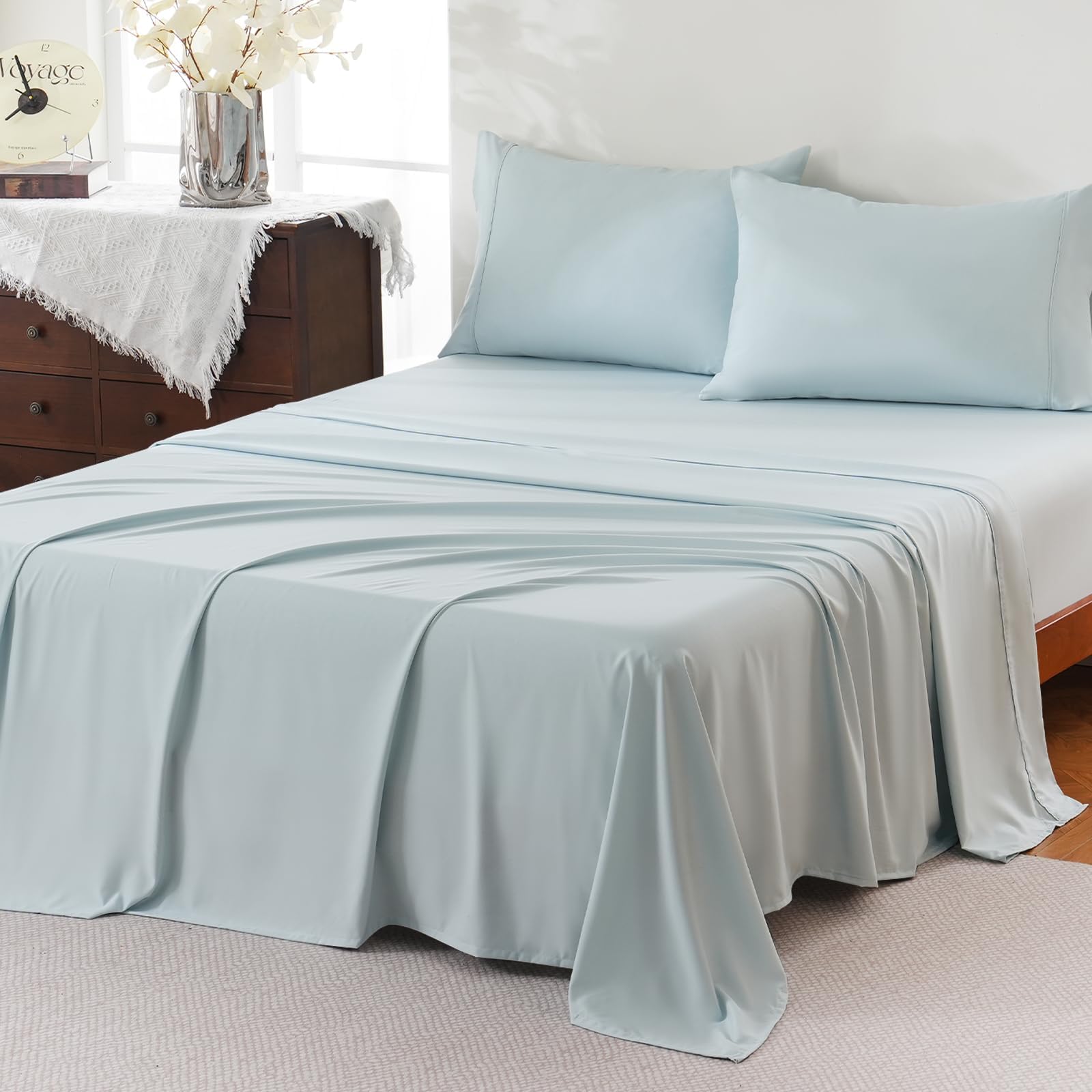 Queen Sheet Set,4 Pieces Hotel Luxury Breathable Soft Microfiber Bedsheets, Anti Pilling Deep Pockets Easy Care Bed Sheets, Light Blue