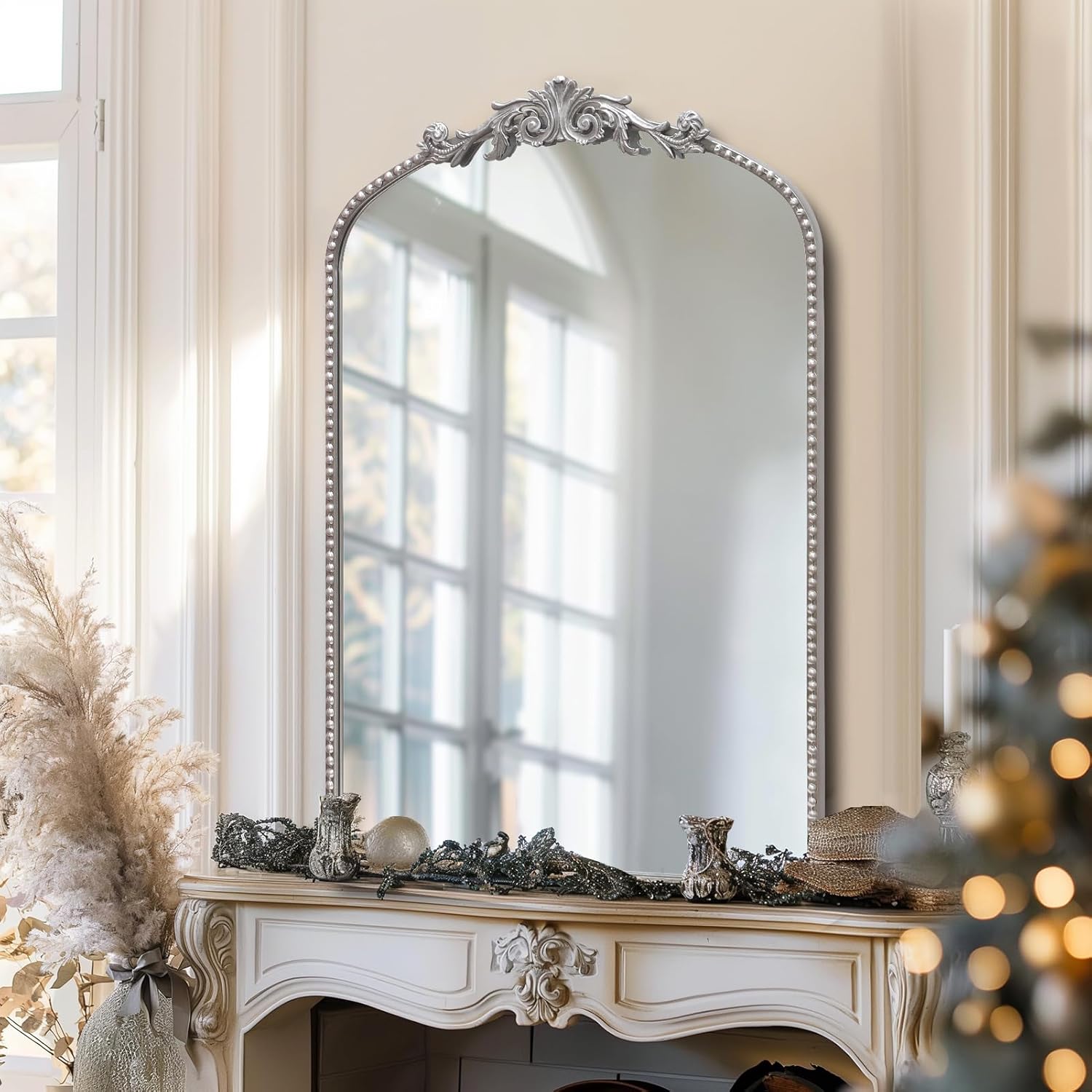 Antique Silver Arch Wall Mirror, 24"x36" Traditional Vintage Mantel Mirror with Ornate Metal Frame, Baroque Home Decor for Fireplace/Entryway/Bathroom/Living Room/Hallway