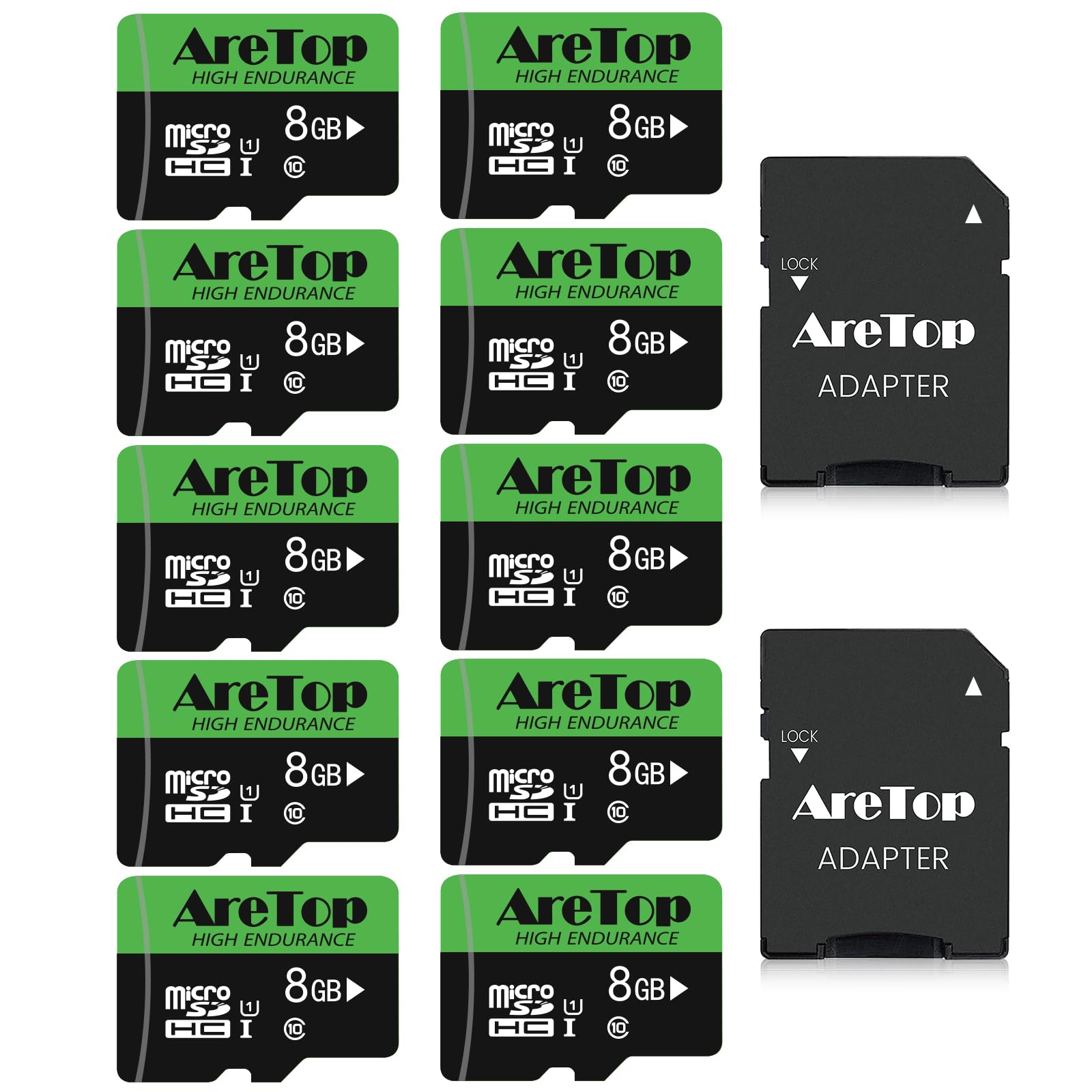 AreTop Tarjeta Micro SD de 8 GB, U1 80 MB/s para cámara (10 unidades) | U1 - Juego de 10 adaptadores SD para vídeo Full HD, compatible con cámara/smartphone/dron/Dash Cam