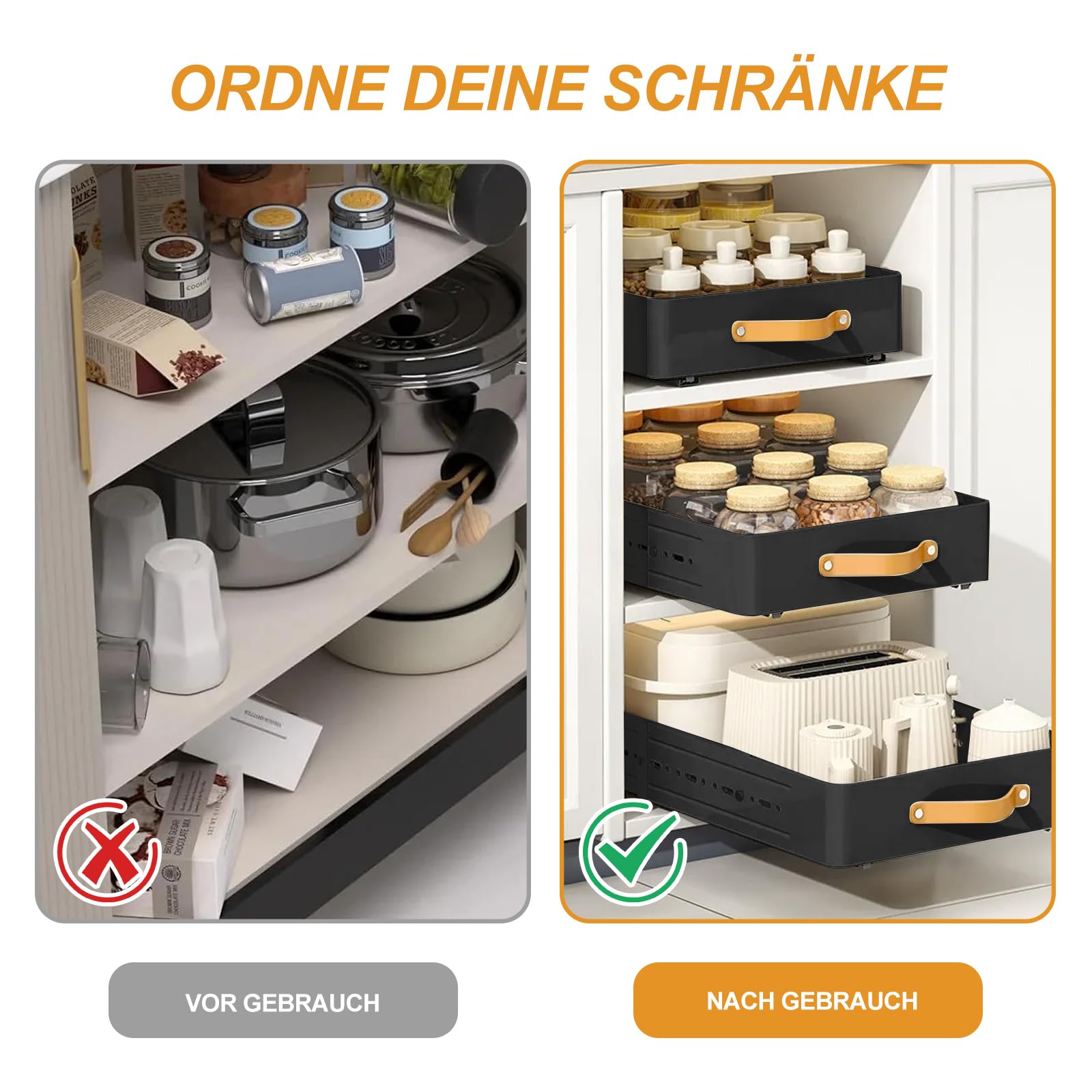 Teleskopschublade - Tiefe Einstellbar 41-60CM Tief x 25CM Breite x 7.8CM Höhe, Ausziehbare Schublade Küche Große Metall Slide Out Organizer Mit Griff, Organizer Ausziehbar Für Küche Badezimmer Schwarz