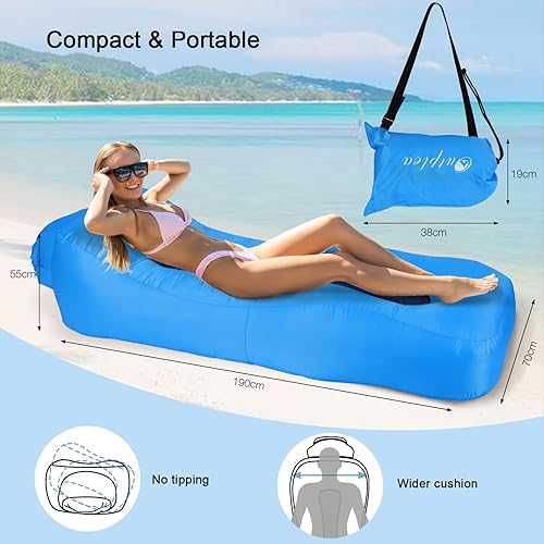 Miniatura 10 de Tumbona inflable, ultraligera, portátil, ergonómica, cama de playa, sofá de aire, impermeable, antifugas de aire, para interiores y exteriores,